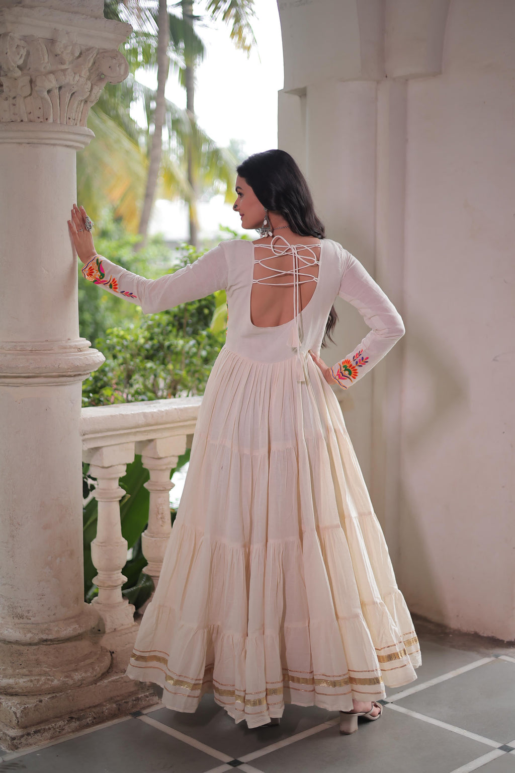 Prazu Fashion Off White Cotton With Multi Thread Embroidered Gown