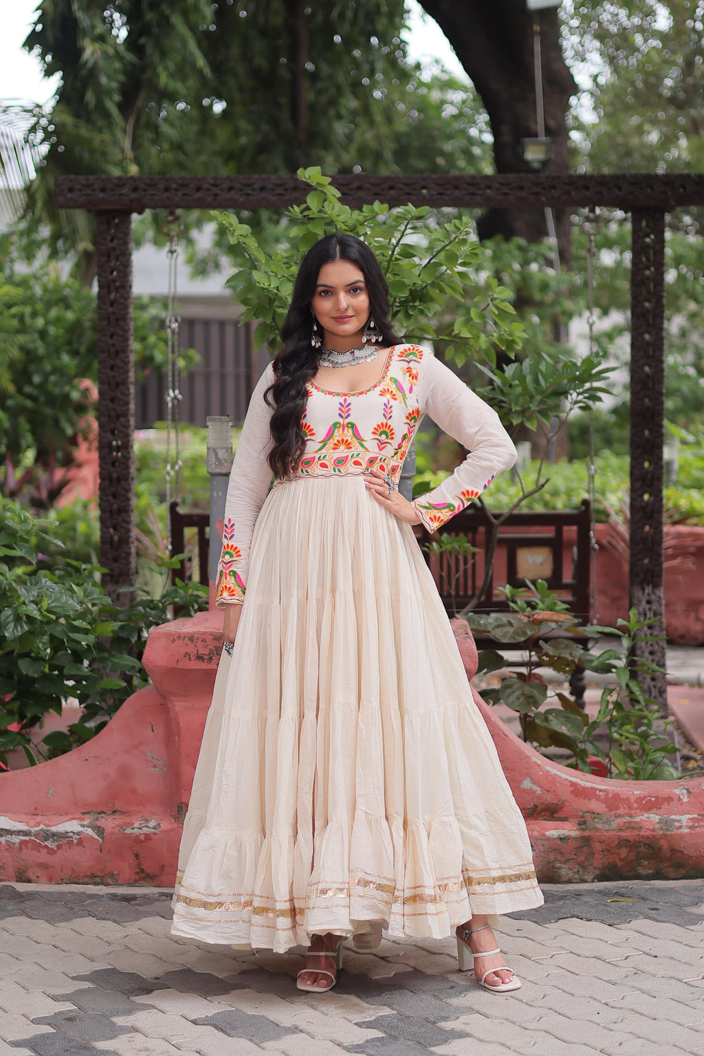 Prazu Fashion Off White Cotton With Multi Thread Embroidered Gown