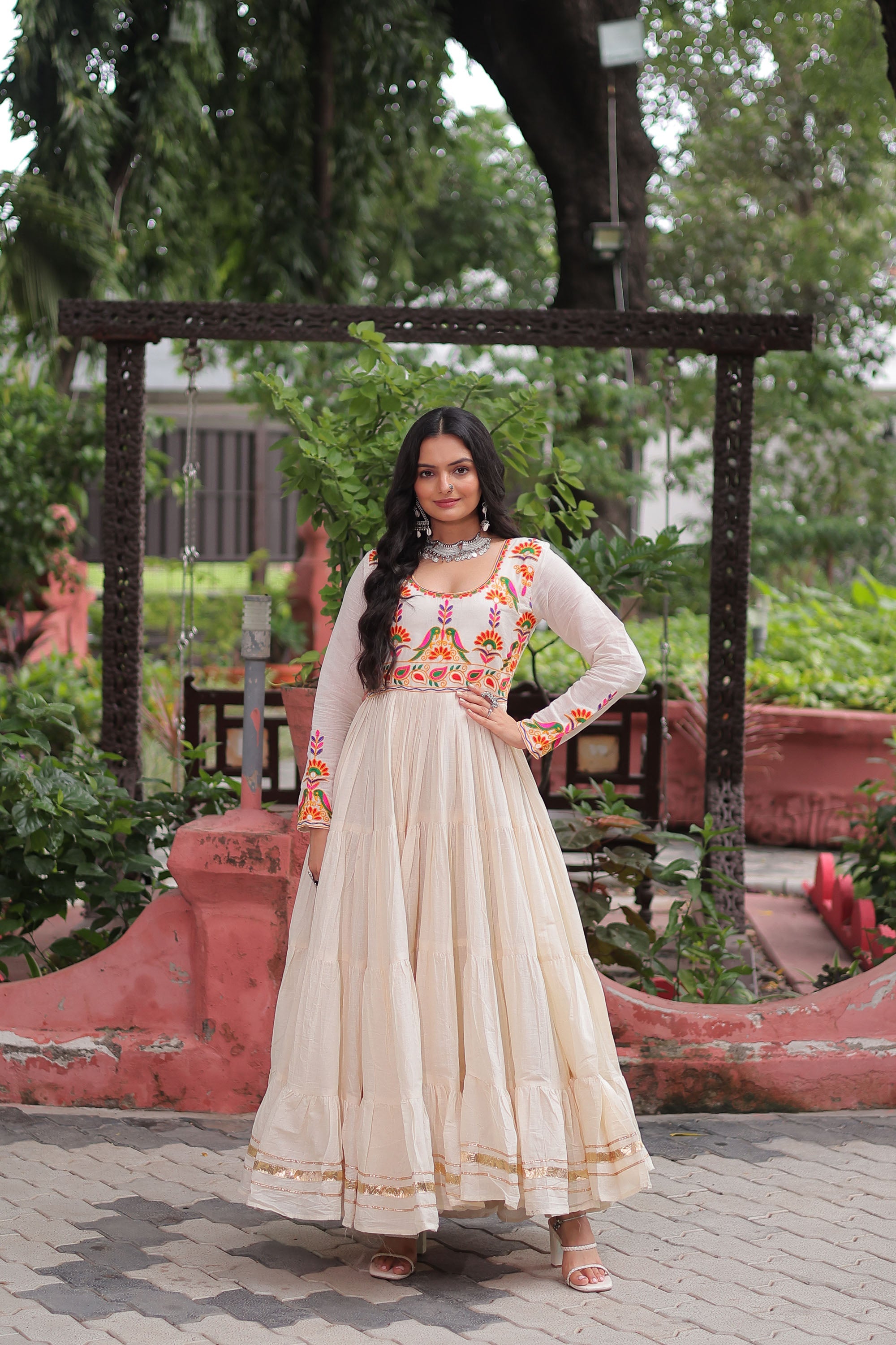 Lorenvalley Fashion Offwhite Kora Cotton with Multi Thread Embroidered & Gota patti Work Gown
