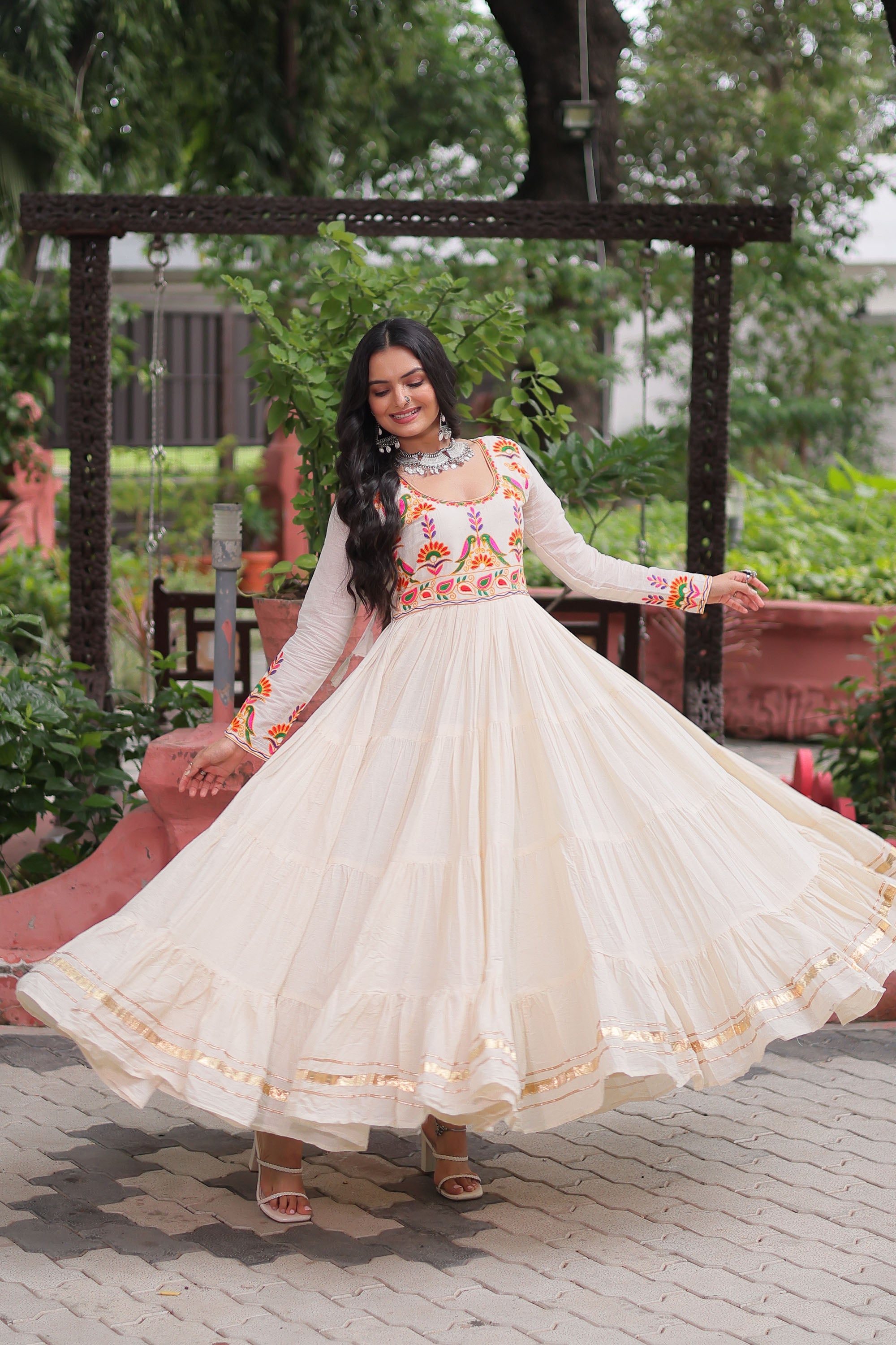 Lorenvalley Fashion Offwhite Kora Cotton with Multi Thread Embroidered & Gota patti Work Gown