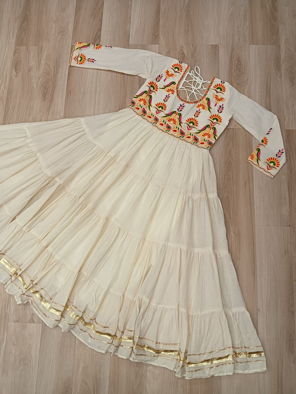 Lorenvalley Fashion Offwhite Kora Cotton with Multi Thread Embroidered & Gota patti Work Gown