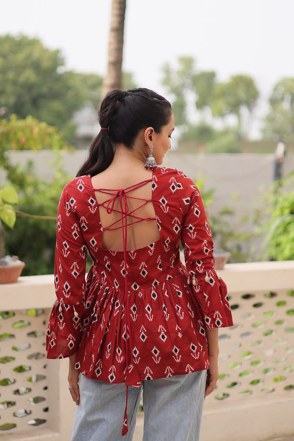Prazu Fashion Maroon Cotton Print With Kutchi Patchwork Top For Navratri