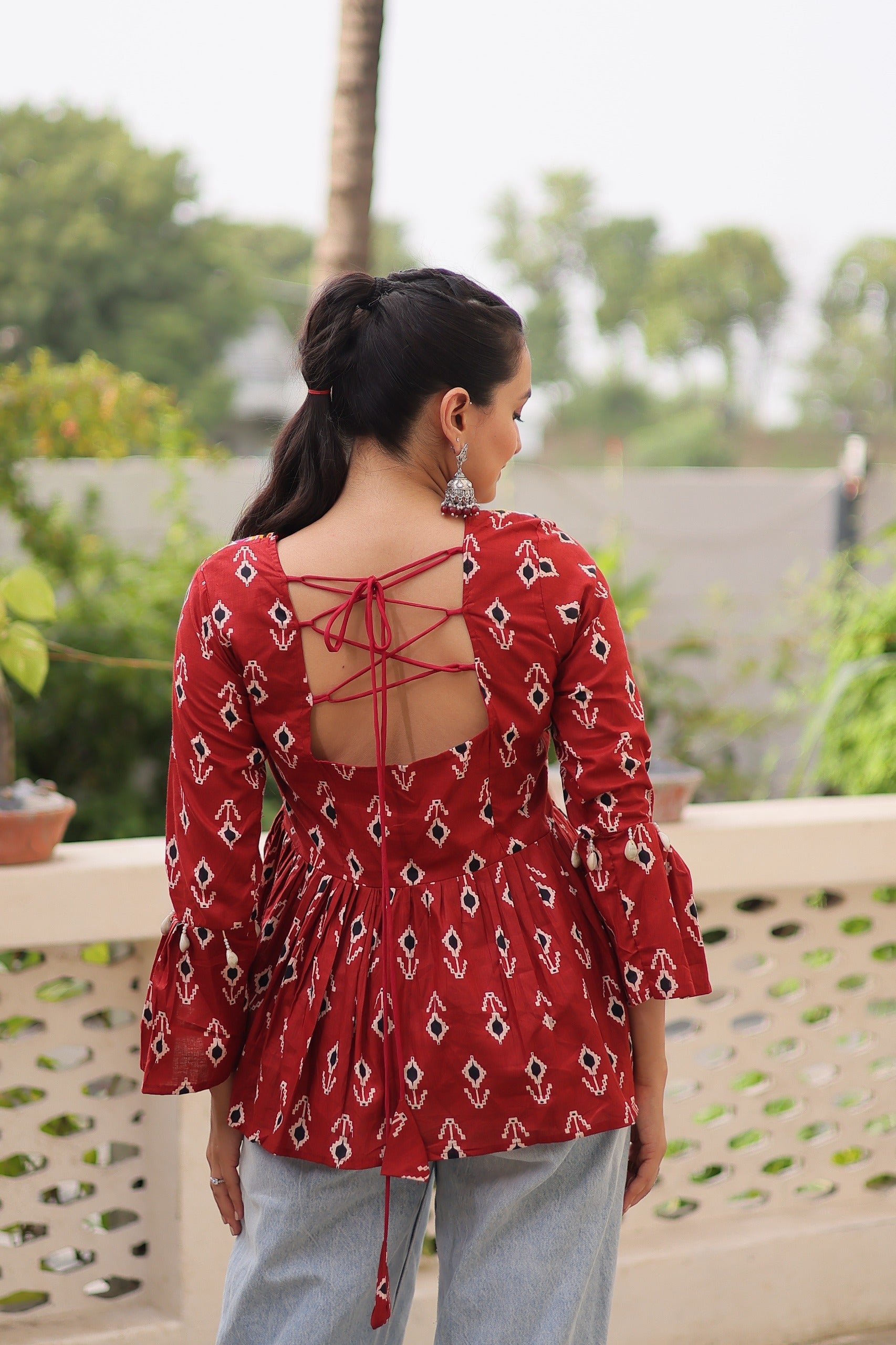 Prazu Fashion Maroon Cotton Print With Kutchi Patchwork Top For Navratri