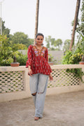 Prazu Fashion Maroon Cotton Print With Kutchi Patchwork Top For Navratri