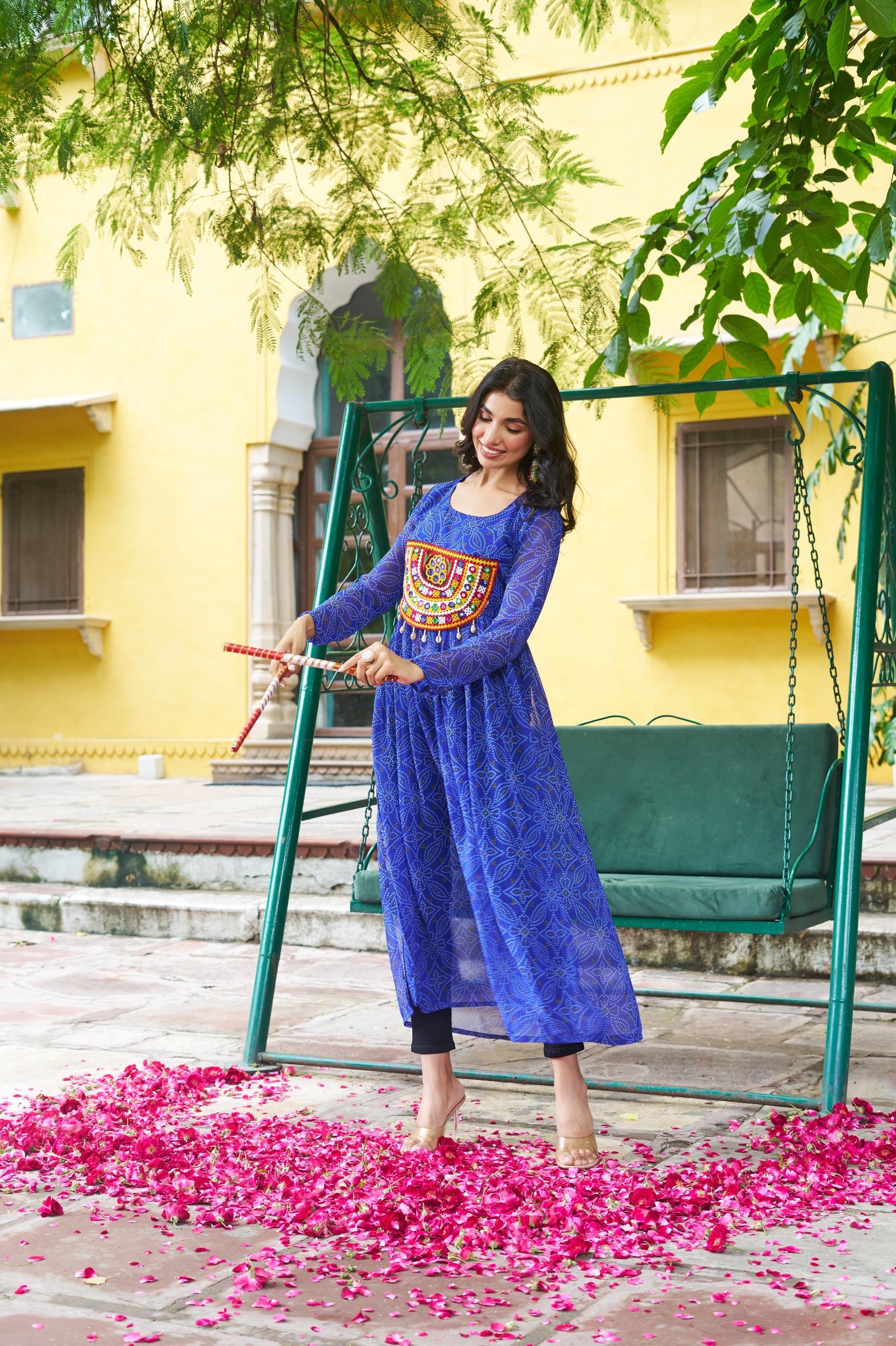 Prazu Fashion Blue Georgette Bandhej Print With Kutchi Patchwork Kurti For Navratri