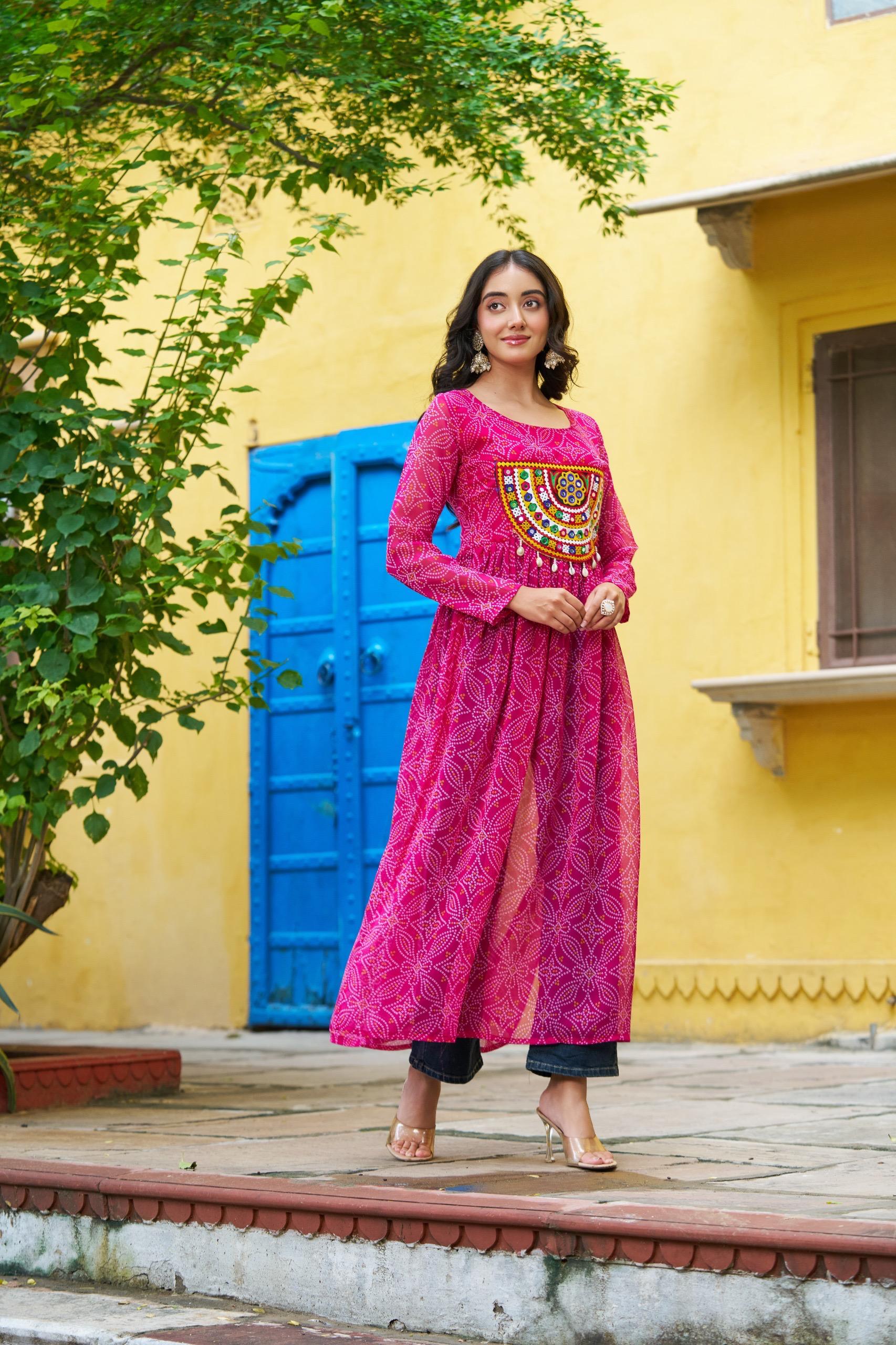 Prazu Fashion Pink Georgette Bandhej Print With Kutchi Patchwork Kurti For Navratri