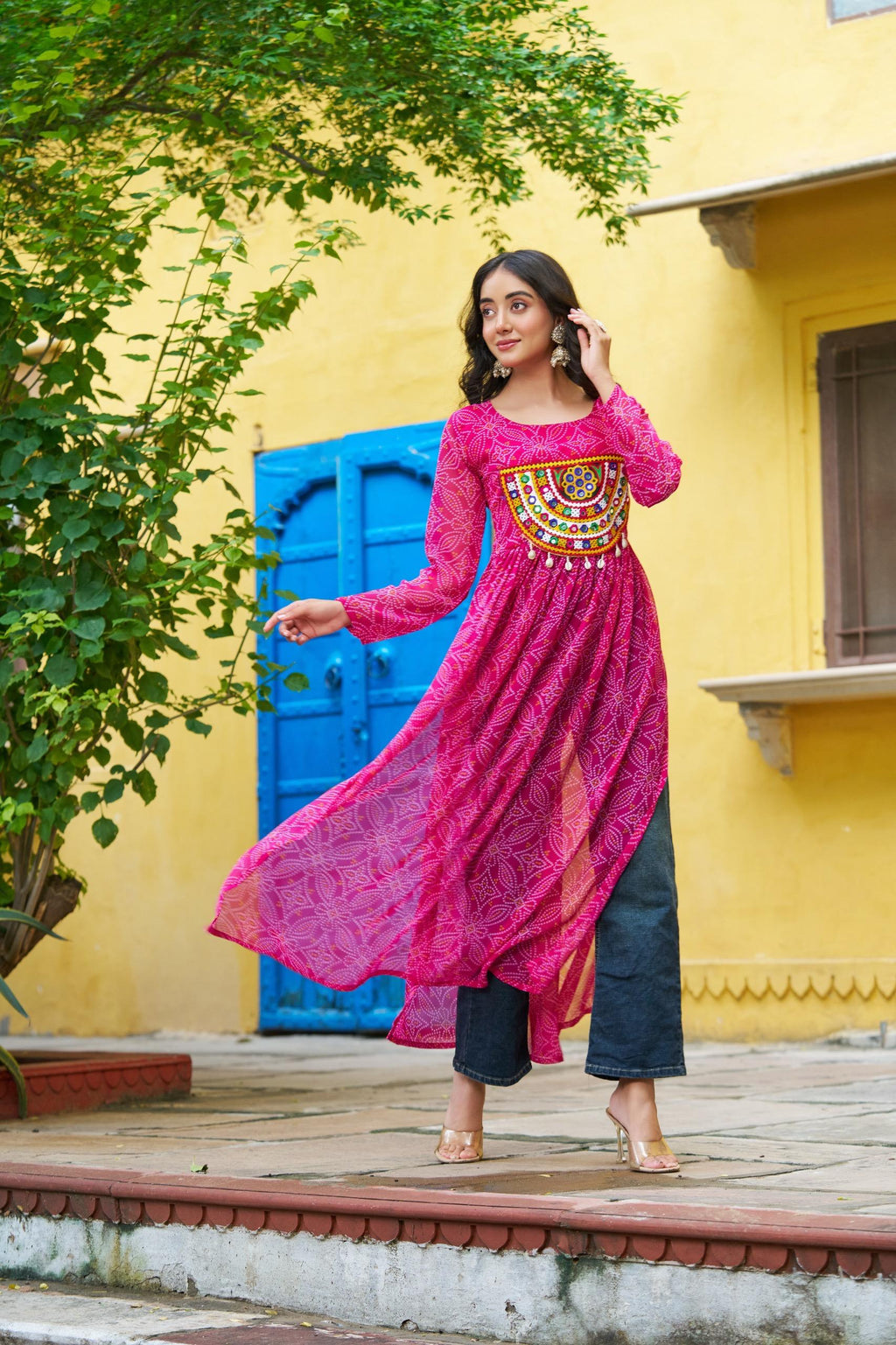 Prazu Fashion Pink Georgette Bandhej Print With Kutchi Patchwork Kurti For Navratri