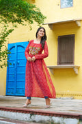 Prazu Fashion Red Georgette Bandhej Print With Kutchi Patchwork Kurti For Navratri