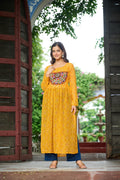 Prazu Fashion Yellow Georgette Bandhej Print With Kutchi Patchwork Kurti For Navratri