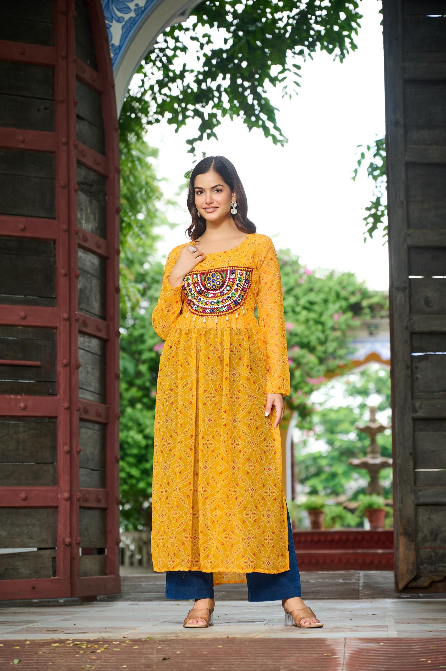 Prazu Fashion Yellow Georgette Bandhej Print With Kutchi Patchwork Kurti For Navratri