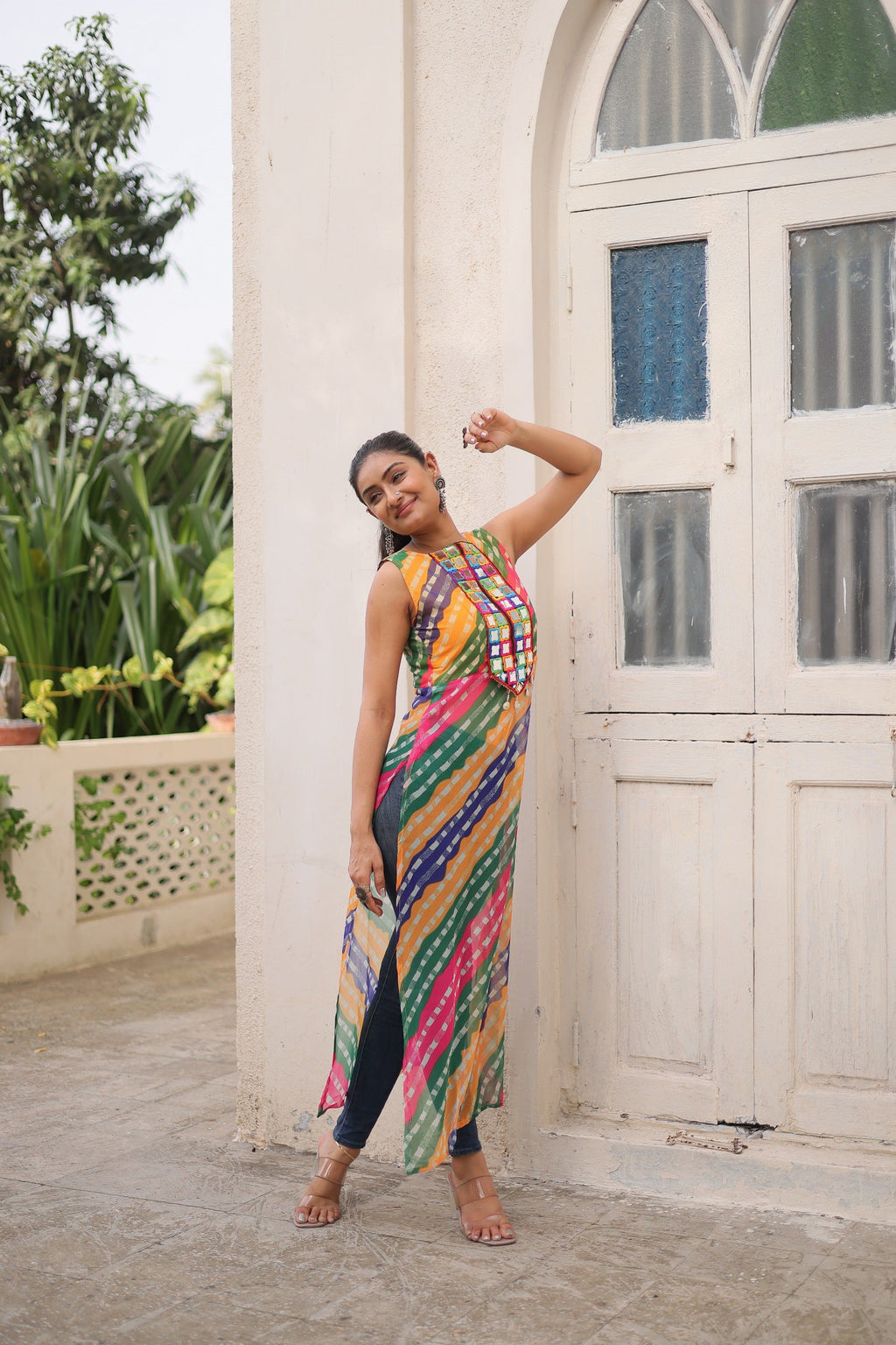 Prazu Fashion Multi Georgette Kutchi Gamthi Mirror Codi Work Kurti For Navratri