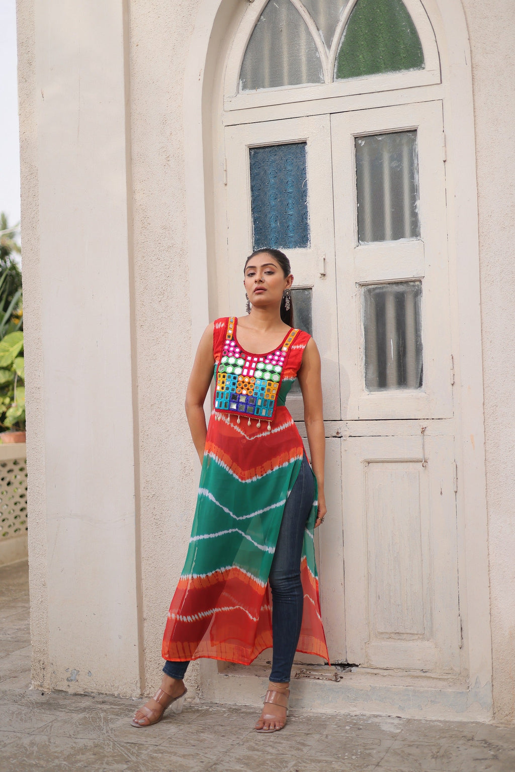 Prazu Fashion Orange Georgette Kutchi Gamthi Mirror Codi Work Kurti For Navratri