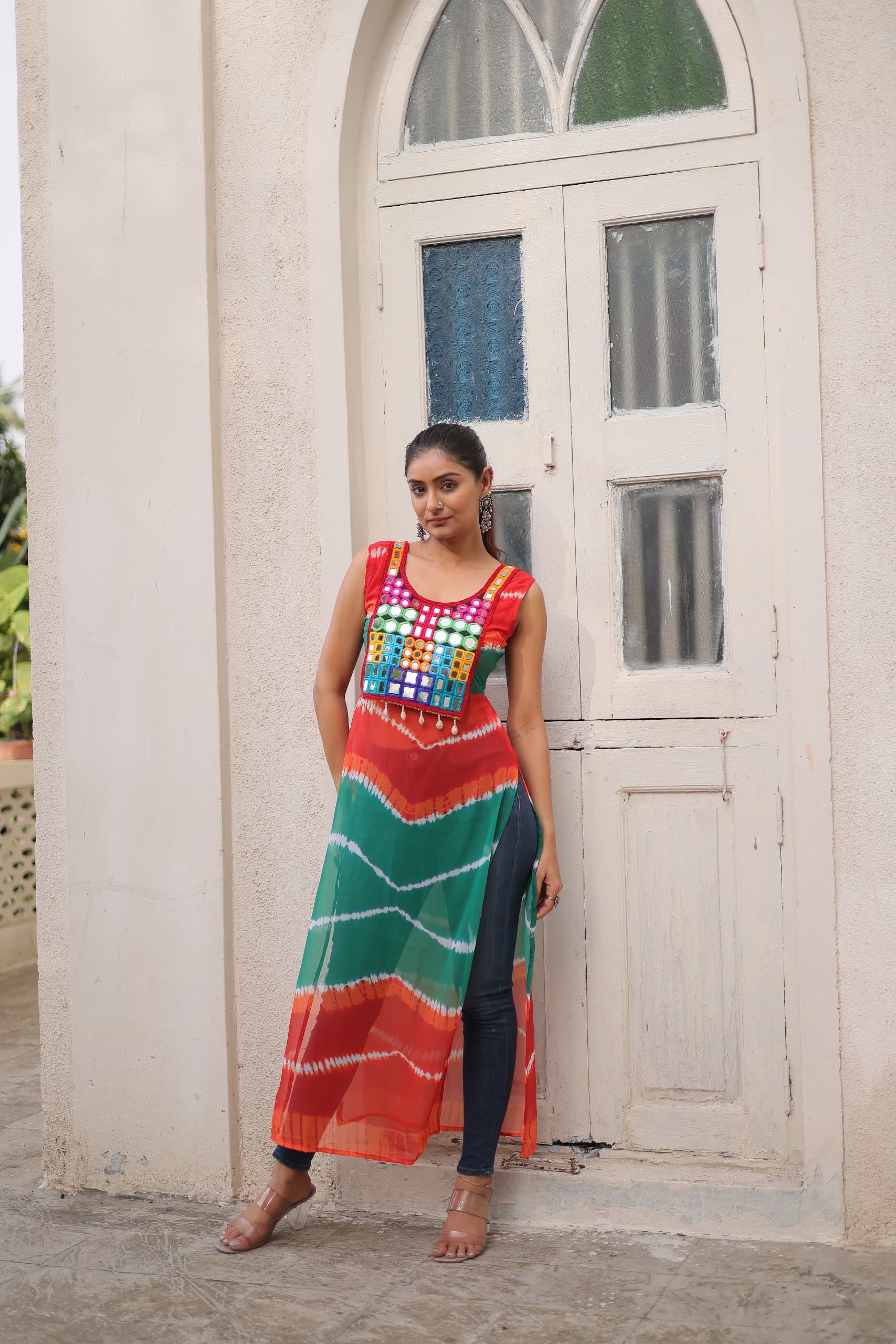 Prazu Fashion Orange Georgette Kutchi Gamthi Mirror Codi Work Kurti For Navratri