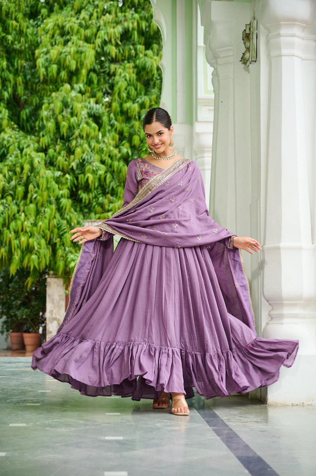Prazu Fashion Lavender Vichitra Silk Rich Embroidered Zari & Thread Work Gown With Dupatta