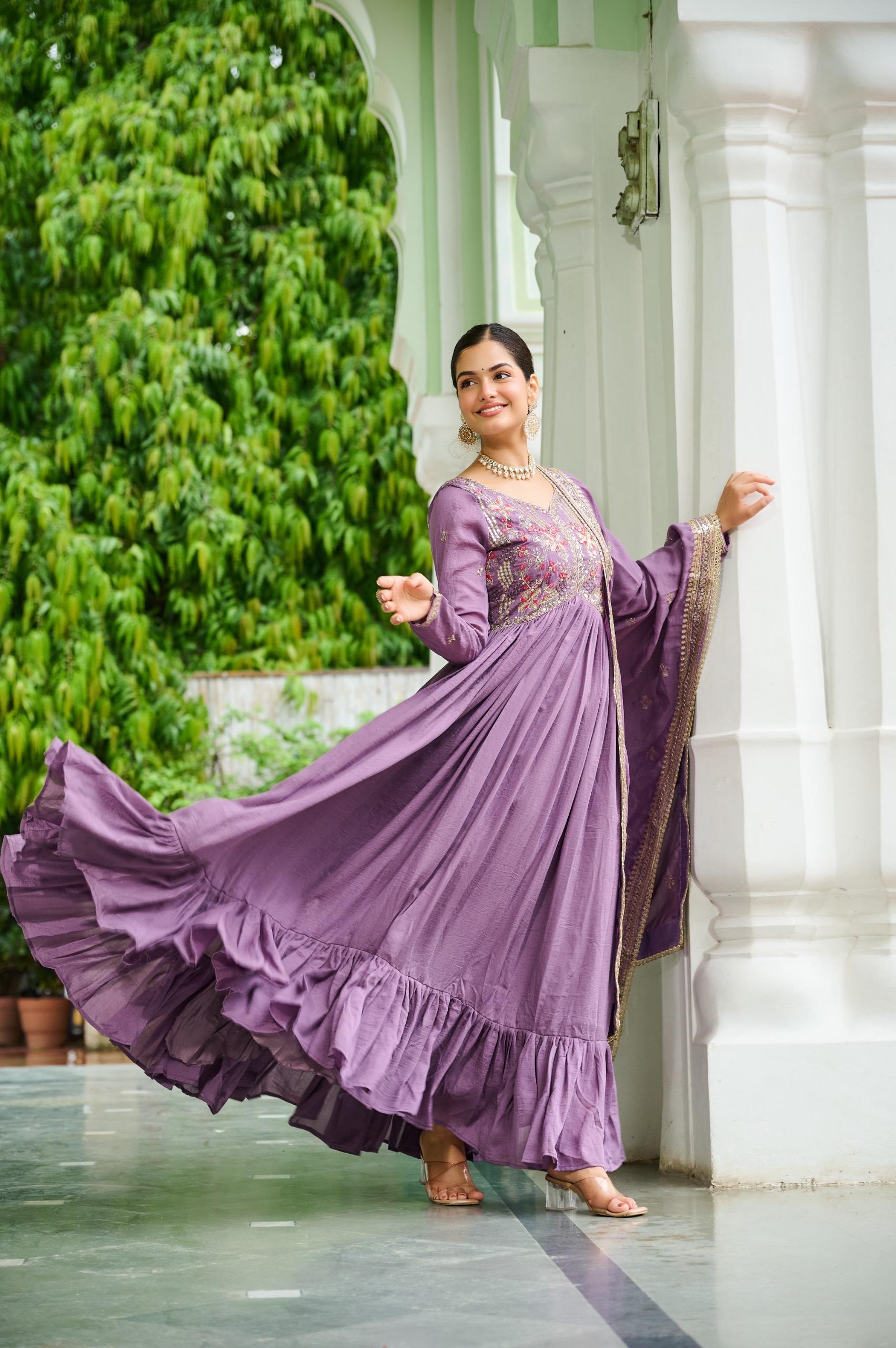 Prazu Fashion Lavender Vichitra Silk Rich Embroidered Zari & Thread Work Gown With Dupatta