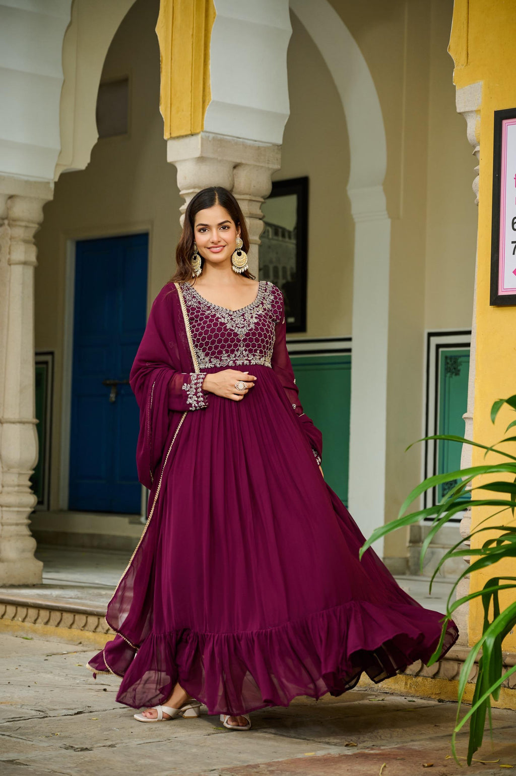 Prazu Fashion Wine Faux Georgette With Beads Embroidery-Work Gown With Dupatta