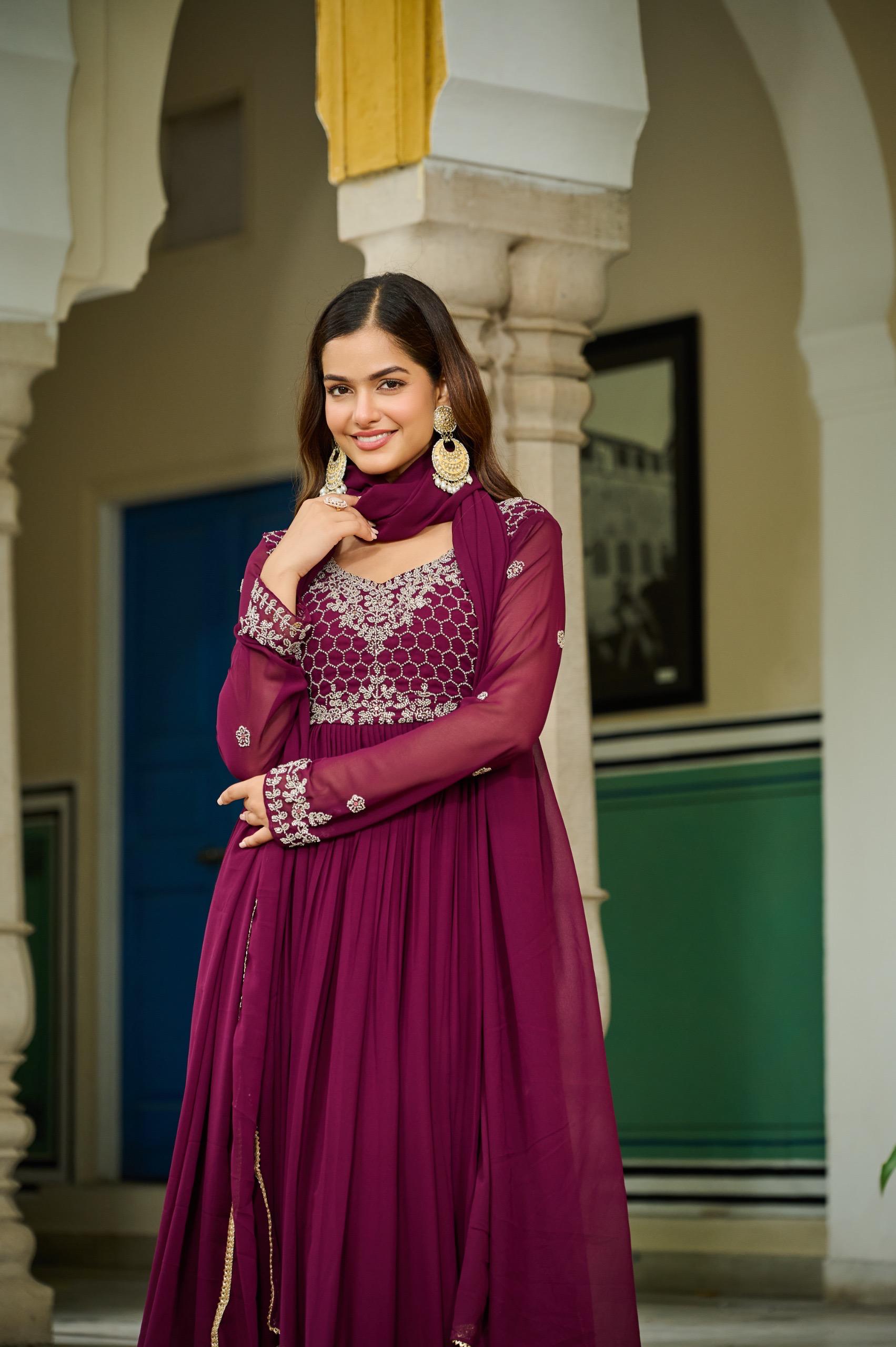 Prazu Fashion Wine Faux Georgette With Beads Embroidery-Work Gown With Dupatta