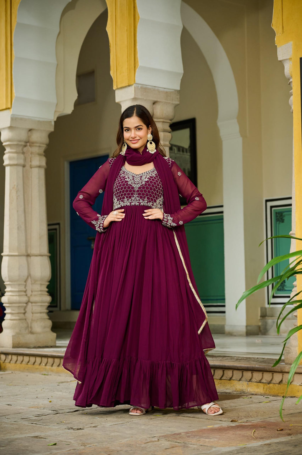Prazu Fashion Wine Faux Georgette With Beads Embroidery-Work Gown With Dupatta