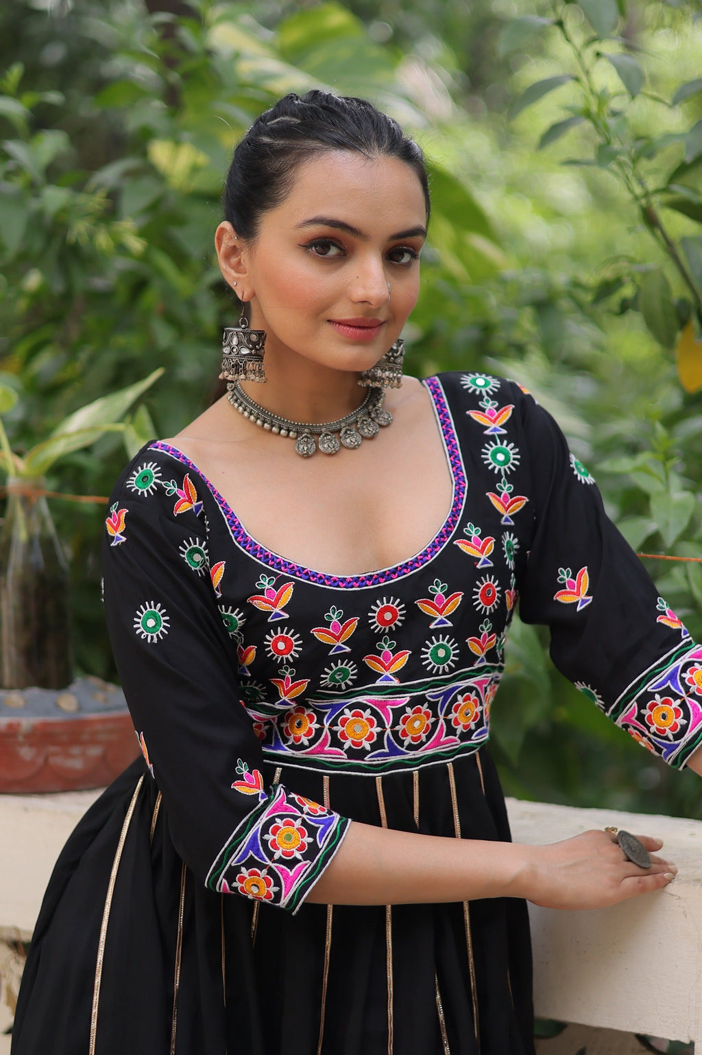 Prazu Fashion Black Roman Multicolour Thread Work & Gota Lace Gown For Navratri