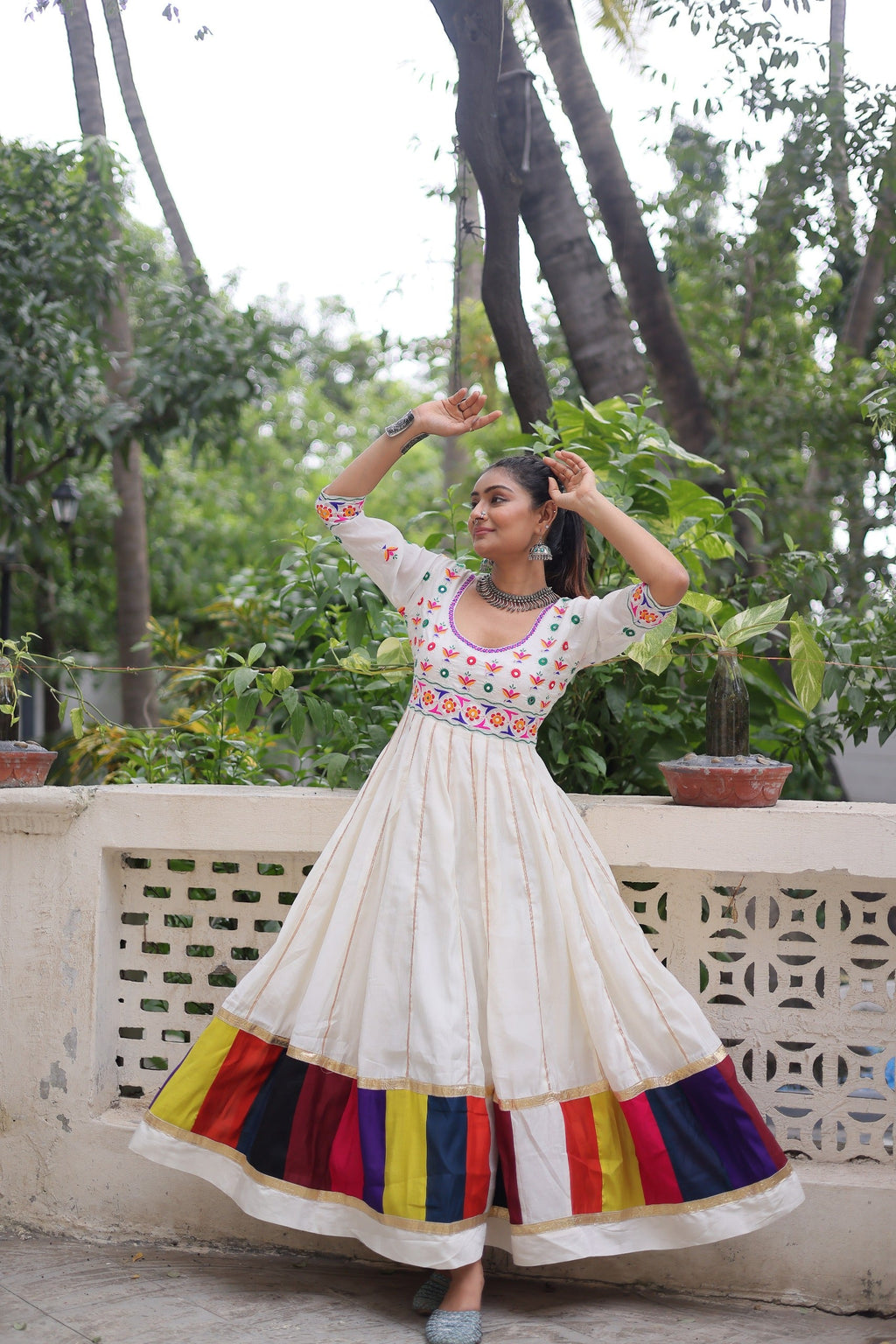 Prazu Fashion Off White Roman Multicolour Thread Work & Gota Lace Gown For Navratri