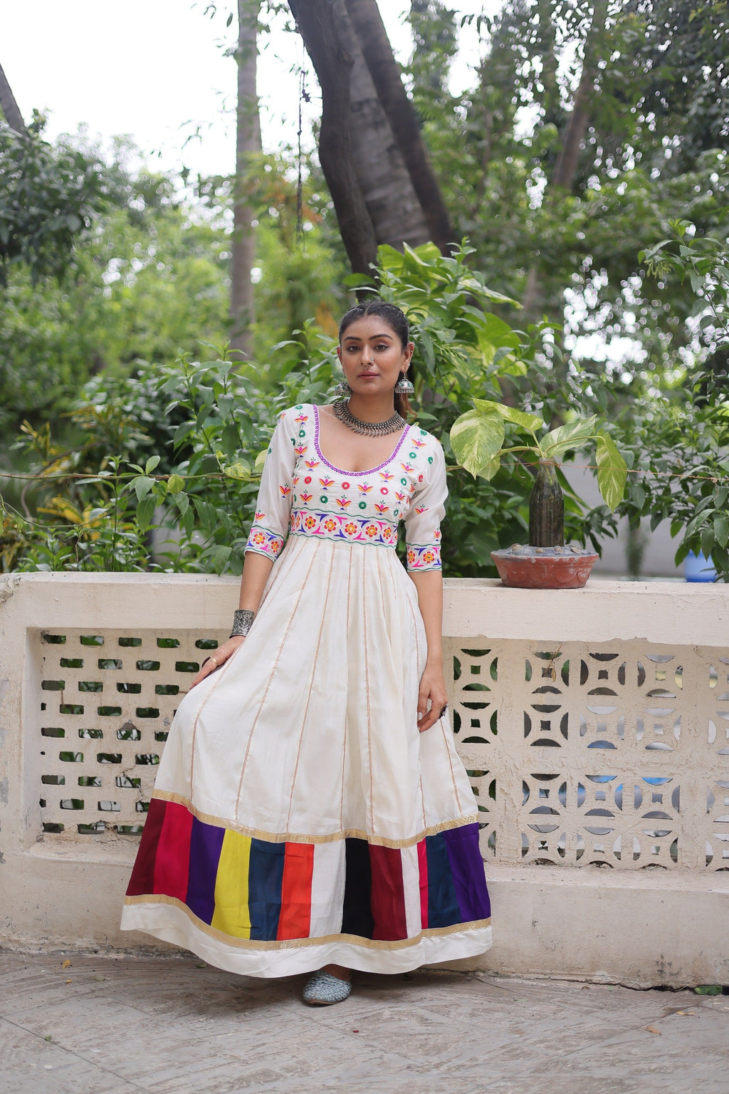 Prazu Fashion Off White Roman Multicolour Thread Work & Gota Lace Gown For Navratri