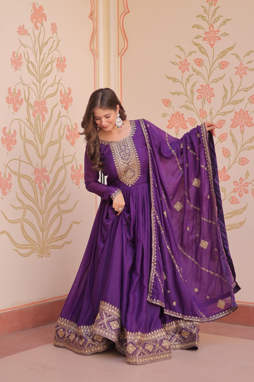 Prazu Fashion Purple Georgette With Zari & Sequins Embroidered Work Gown With Dupatta