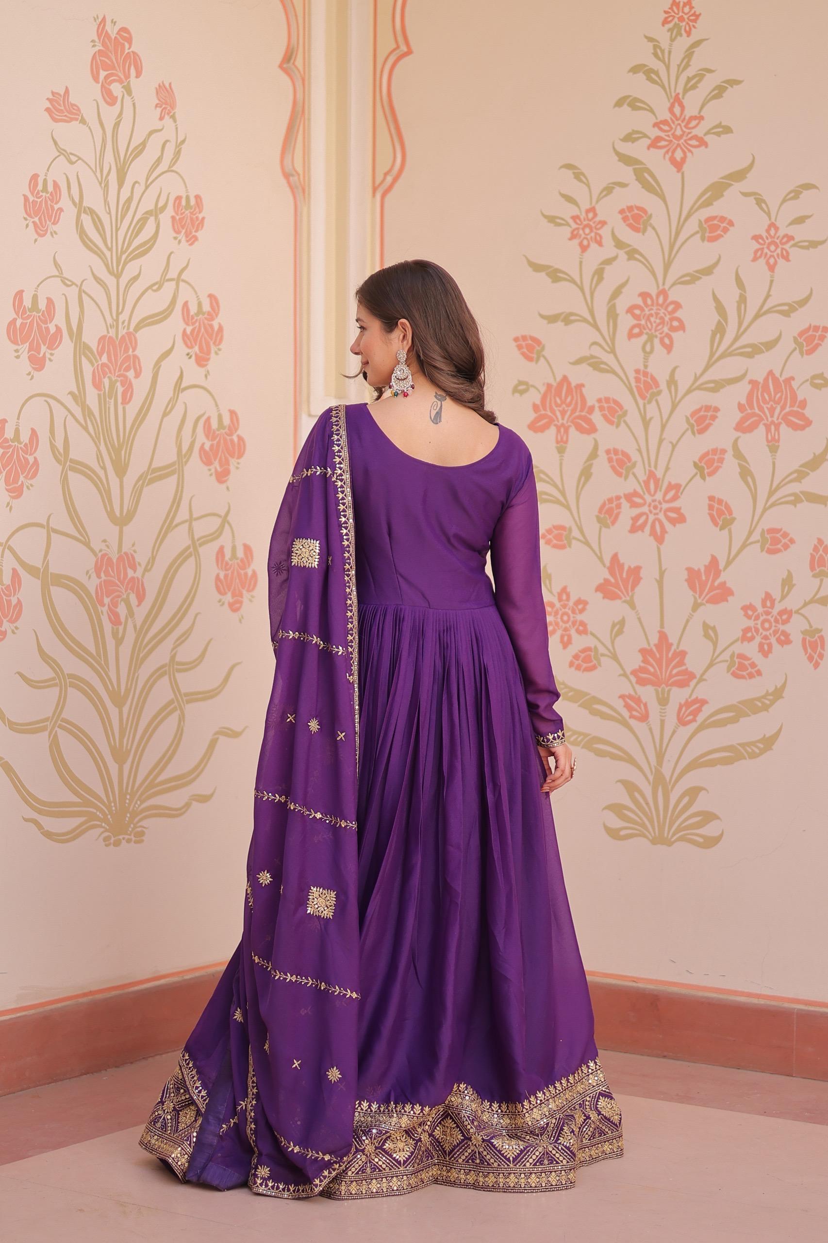 Prazu Fashion Rama Georgette With Zari & Sequins Embroidered Work Gown With Dupatta