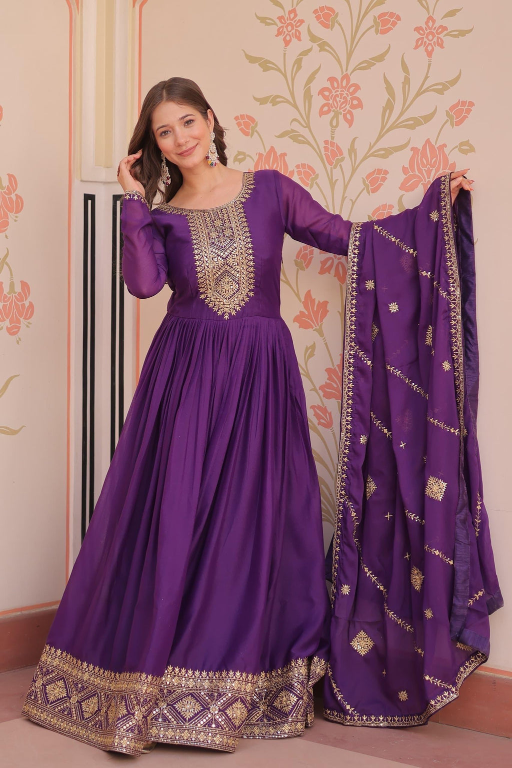 Prazu Fashion Purple Georgette With Zari & Sequins Embroidered Work Gown With Dupatta