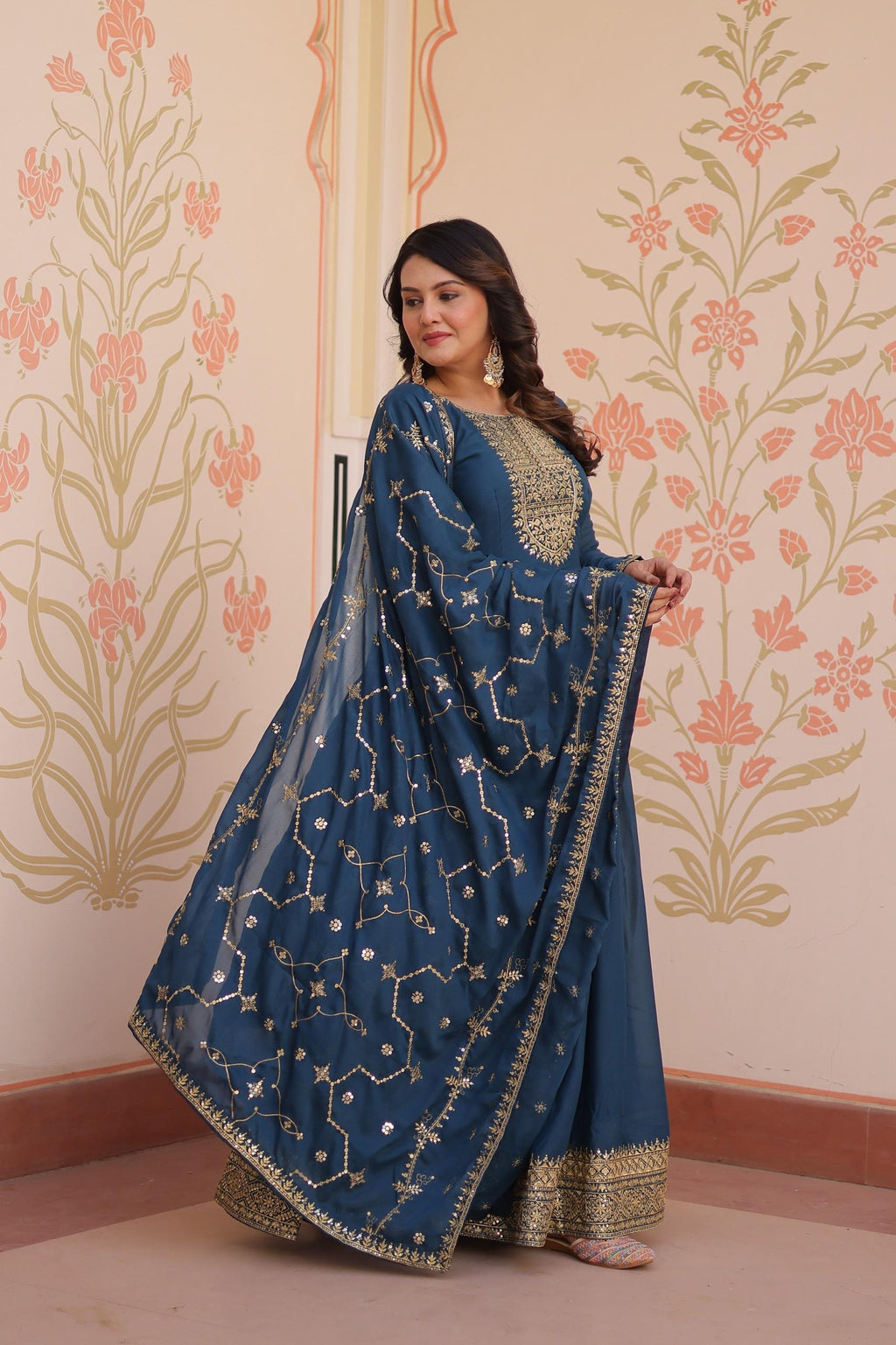 Prazu Fashion Rama Georgette With Zari & Sequins Embroidered Work Gown With Dupatta
