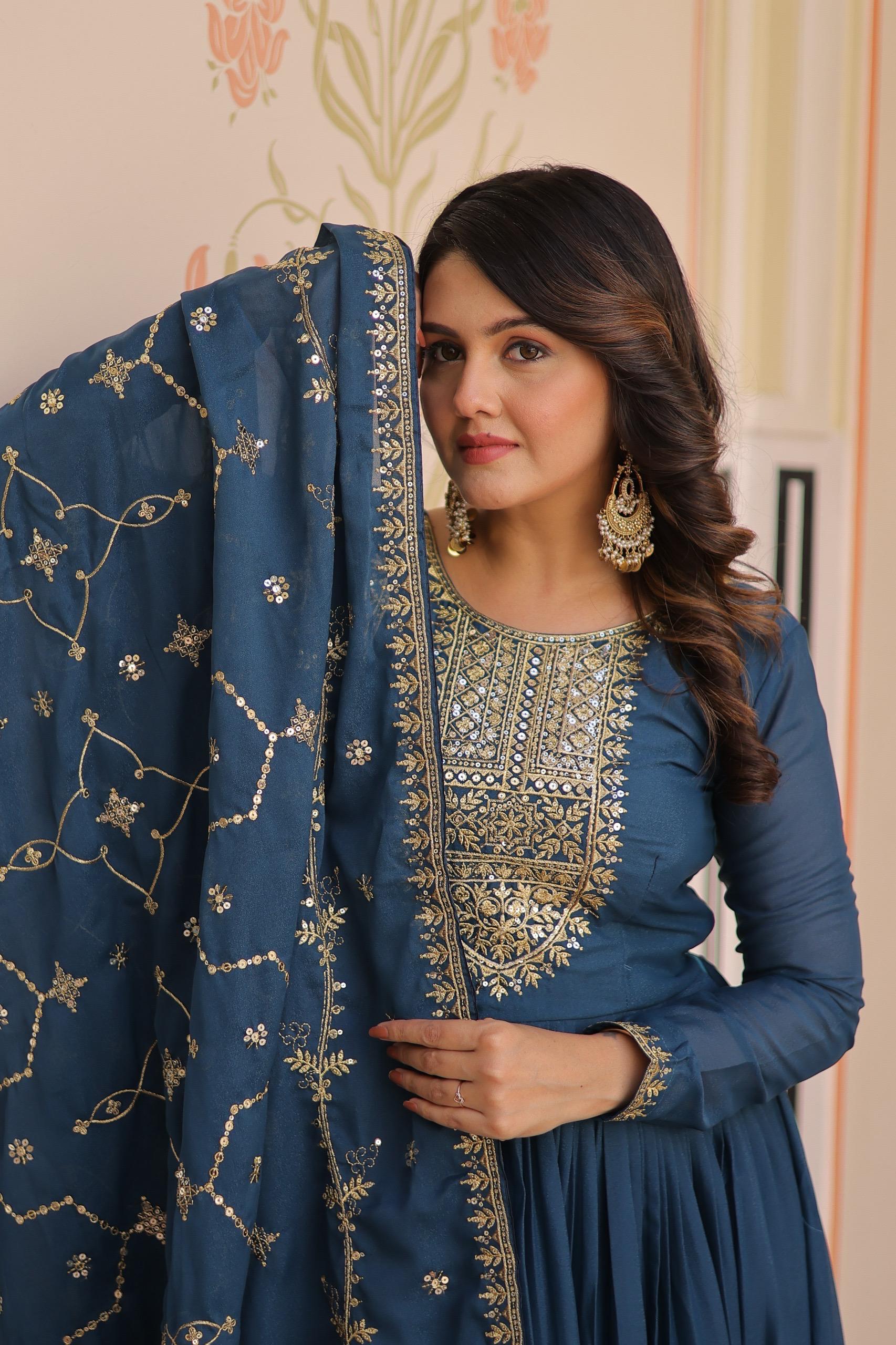Prazu Fashion Rama Georgette With Zari & Sequins Embroidered Work Gown With Dupatta