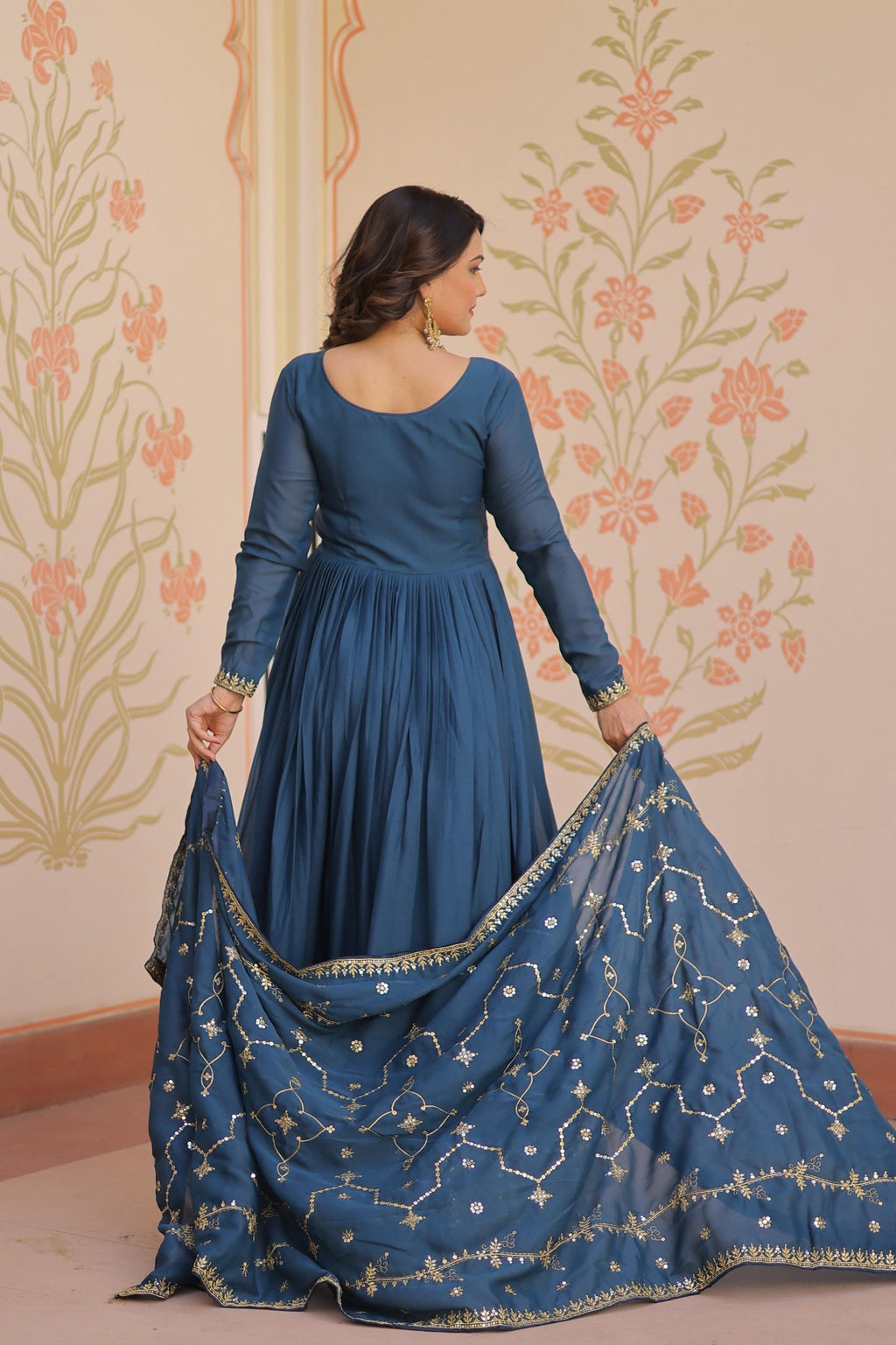 Prazu Fashion Rama Georgette With Zari & Sequins Embroidered Work Gown With Dupatta