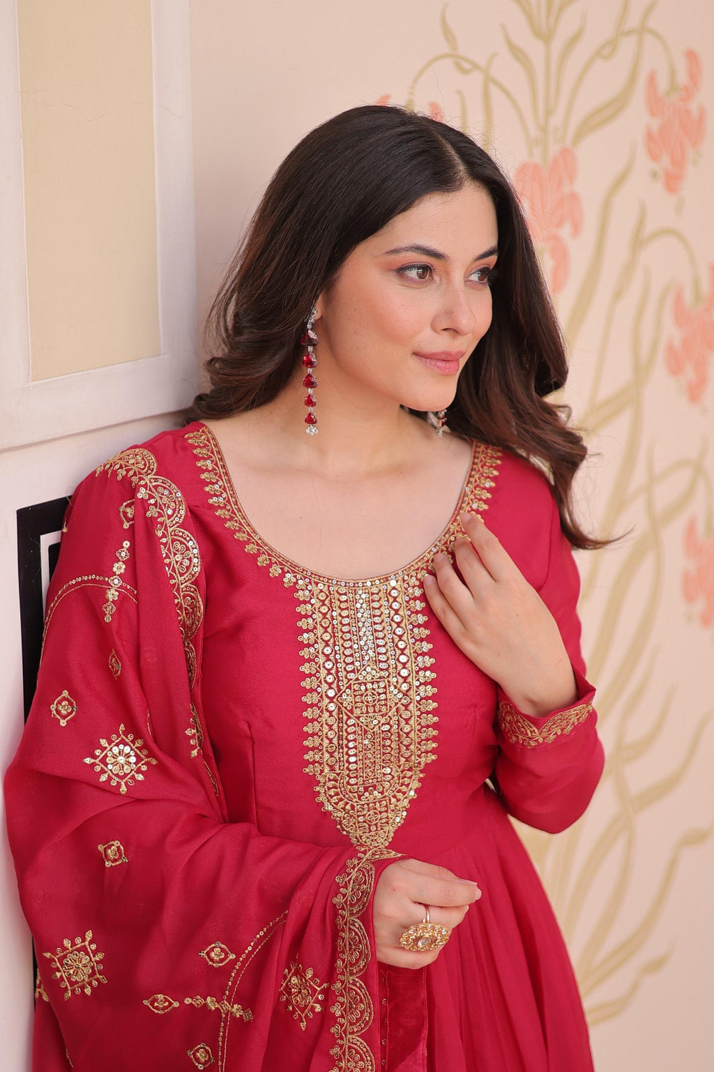 Prazu Fashion Rani Pink Georgette With Zari & Sequins Embroidered Work Gown With Dupatta