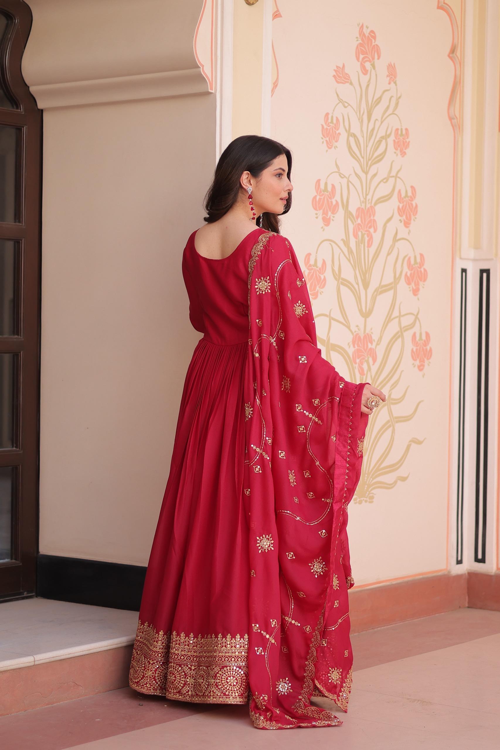 Prazu Fashion Rani Pink Georgette With Zari & Sequins Embroidered Work Gown With Dupatta