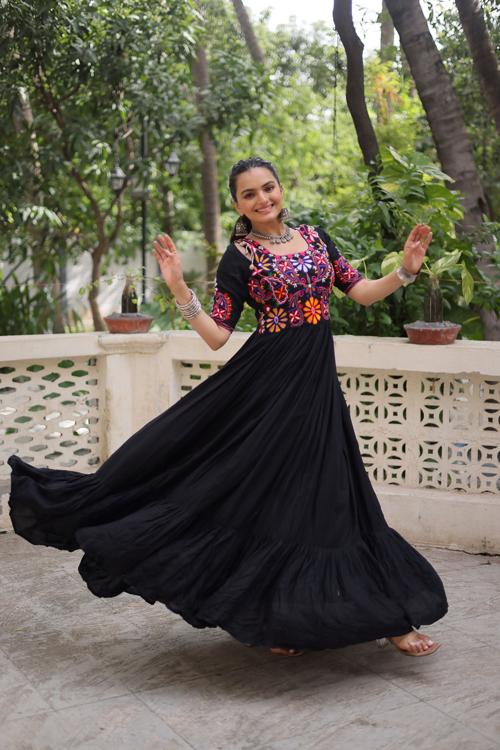 Lorenvalley Fashion Black Rayon with Kutchi Gamthi Embroidered Thread Work Gown