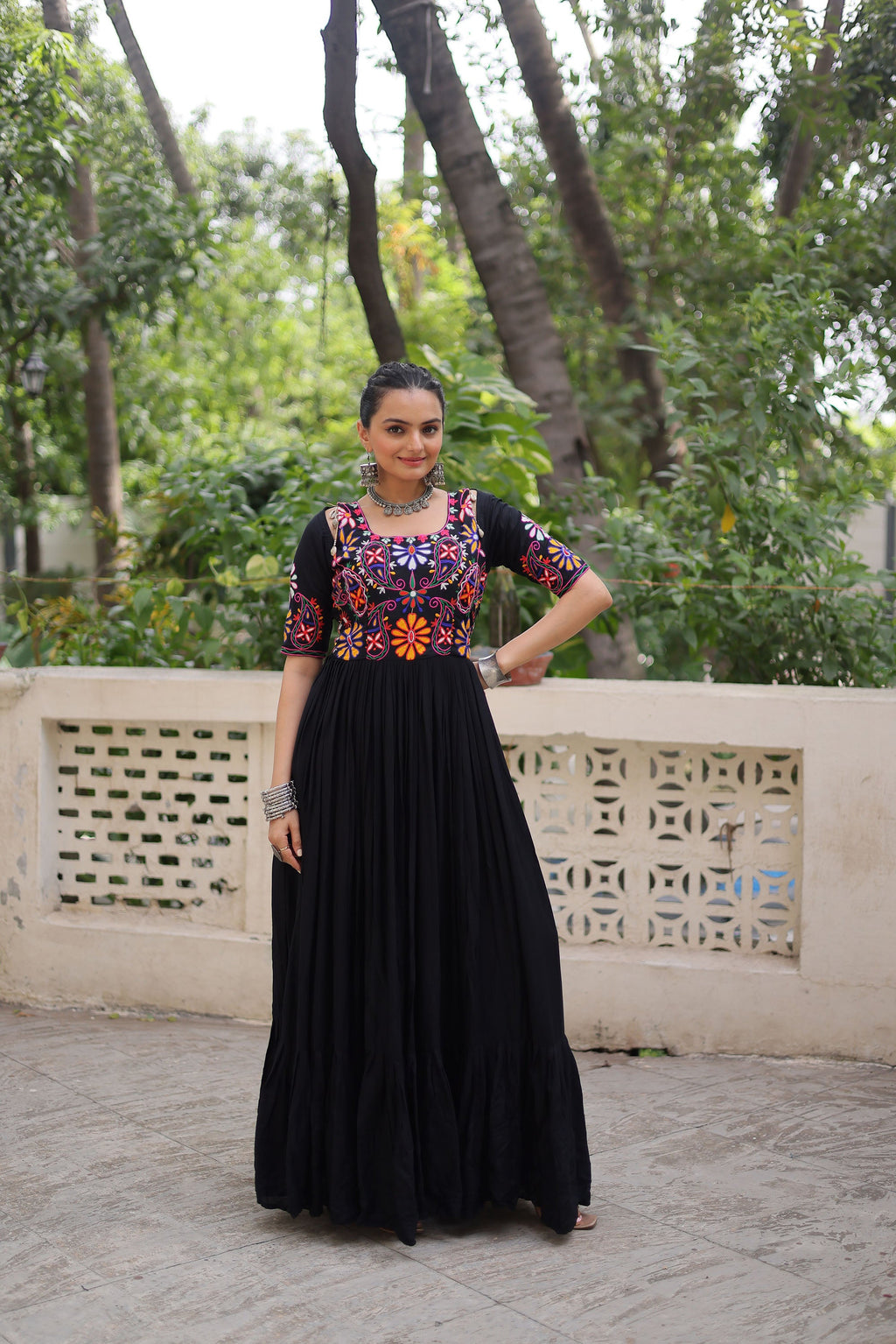 Lorenvalley Fashion Black Rayon with Kutchi Gamthi Embroidered Thread Work Gown