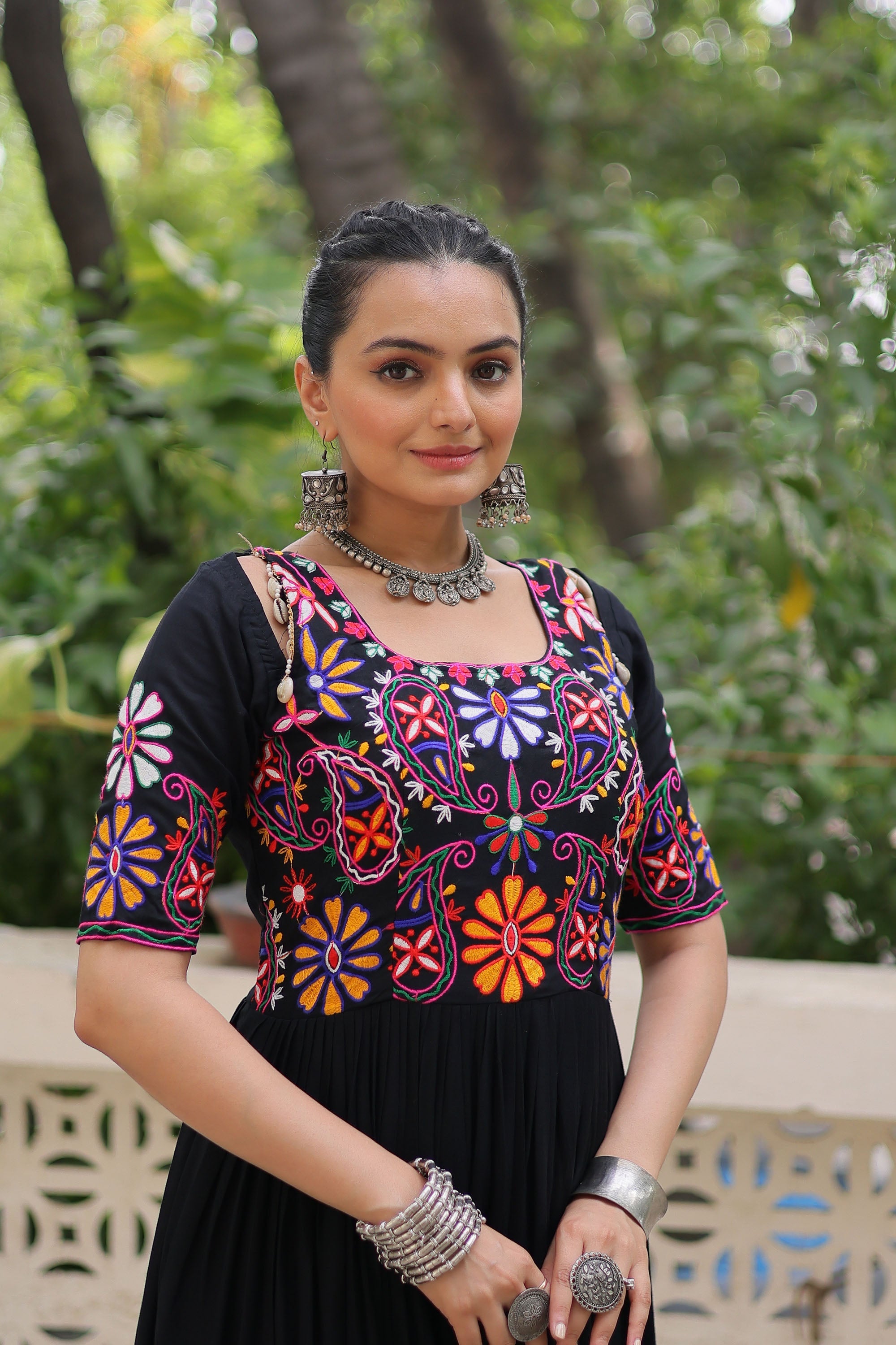Lorenvalley Fashion Black Rayon with Kutchi Gamthi Embroidered Thread Work Gown