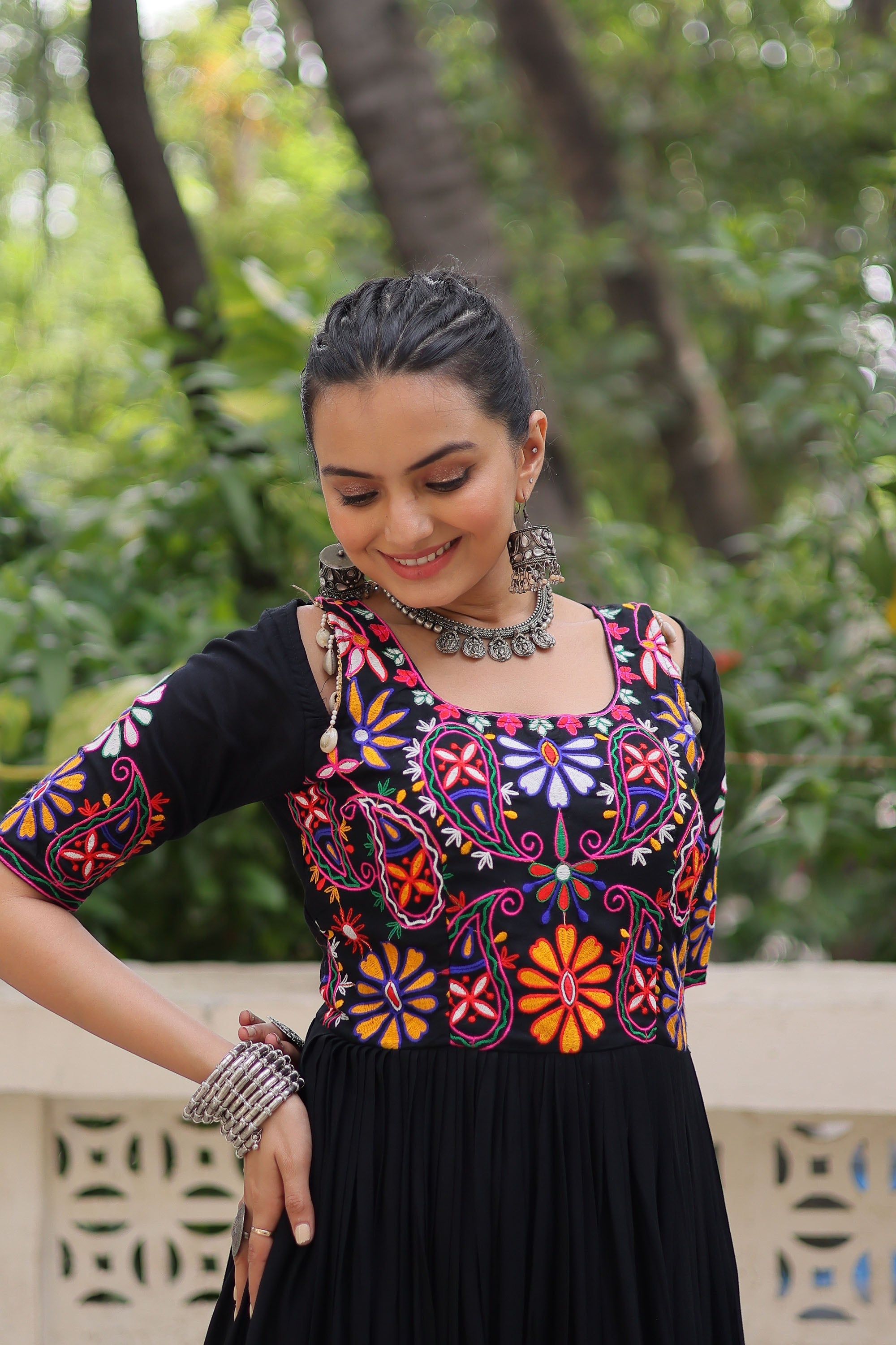 Lorenvalley Fashion Black Rayon with Kutchi Gamthi Embroidered Thread Work Gown