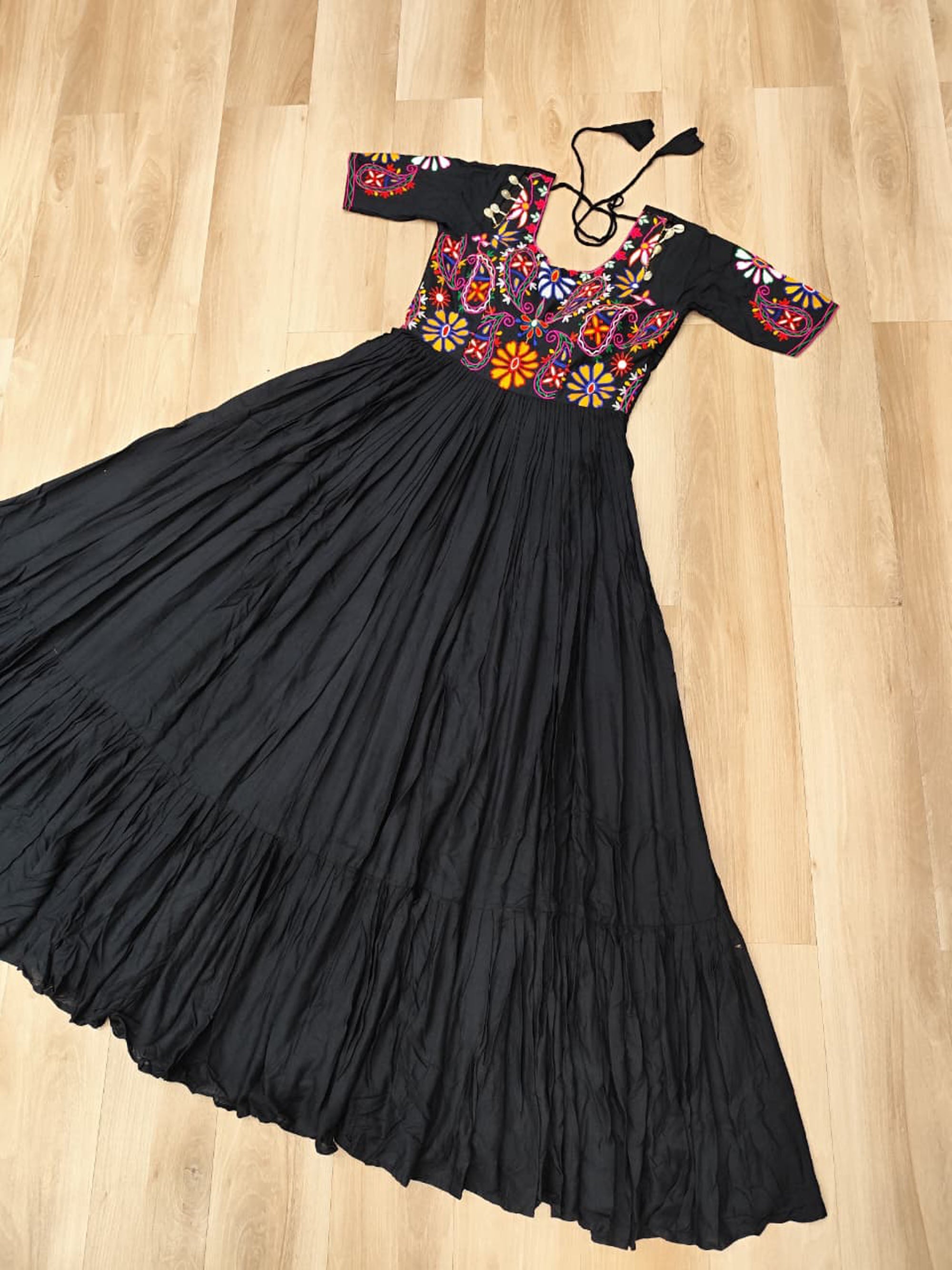 Lorenvalley Fashion Black Rayon with Kutchi Gamthi Embroidered Thread Work Gown