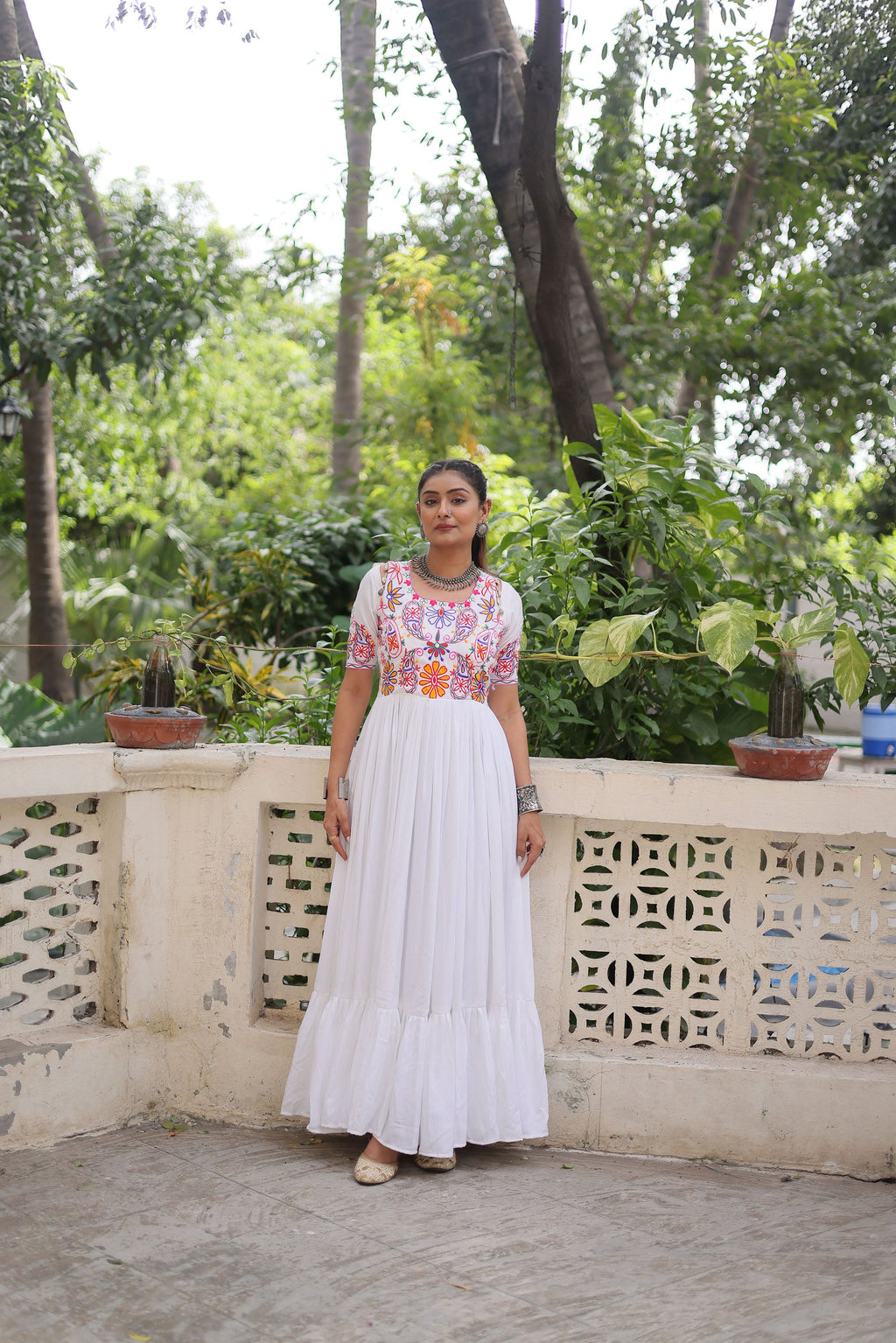 Lorenvalley Fashion White Rayon with Kutchi Gamthi Embroidered Thread Work Gown