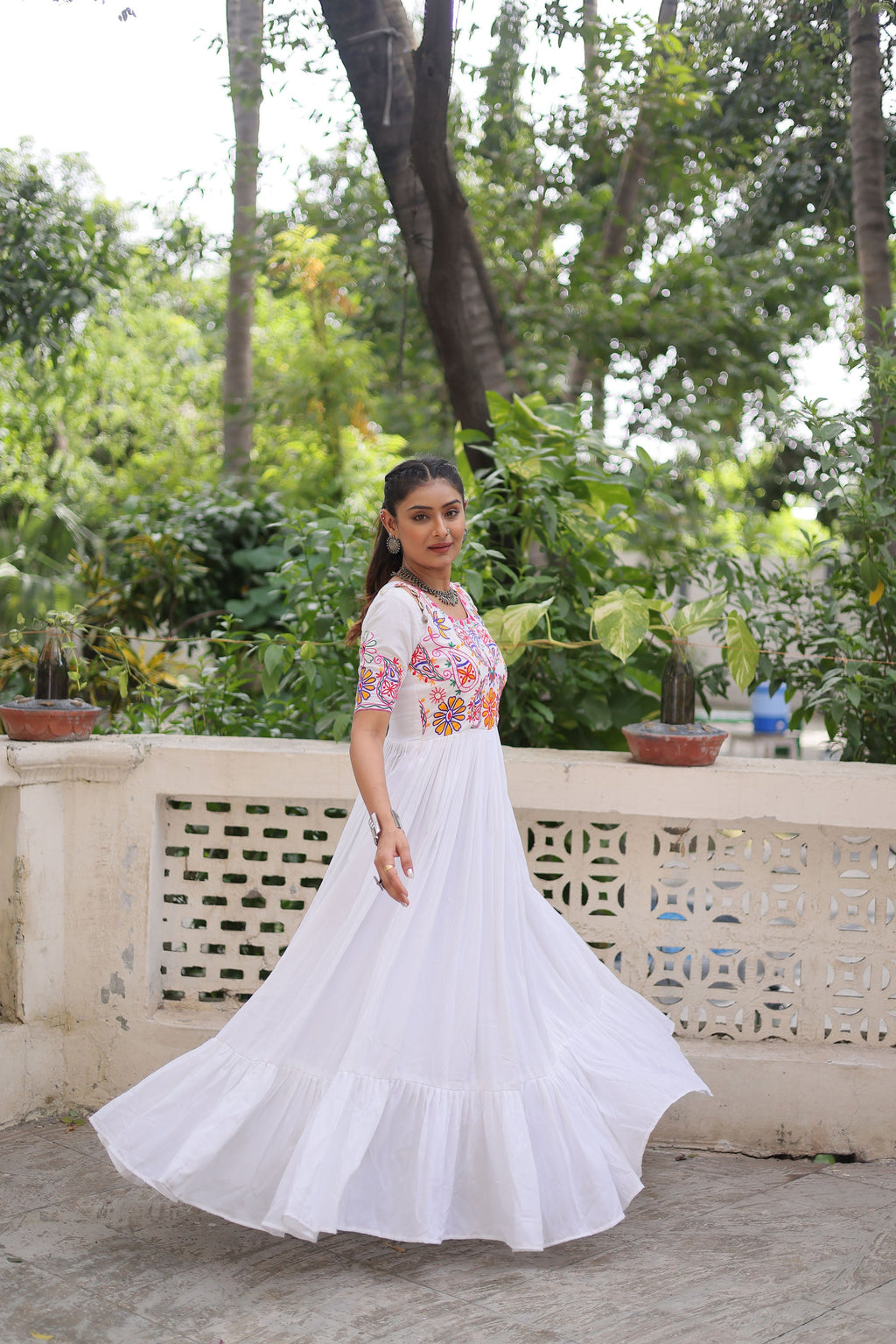Lorenvalley Fashion White Rayon with Kutchi Gamthi Embroidered Thread Work Gown