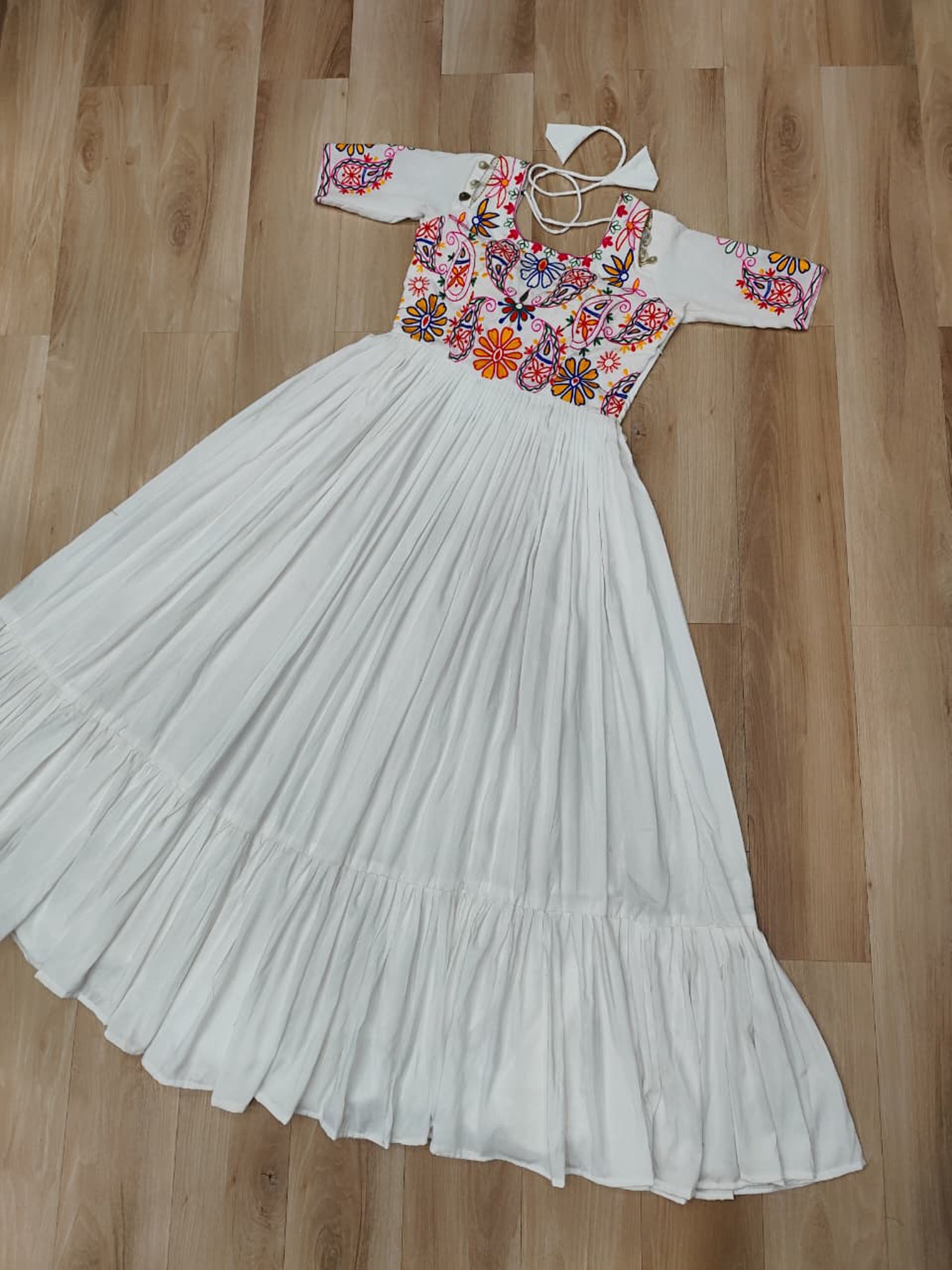 Lorenvalley Fashion White Rayon with Kutchi Gamthi Embroidered Thread Work Gown