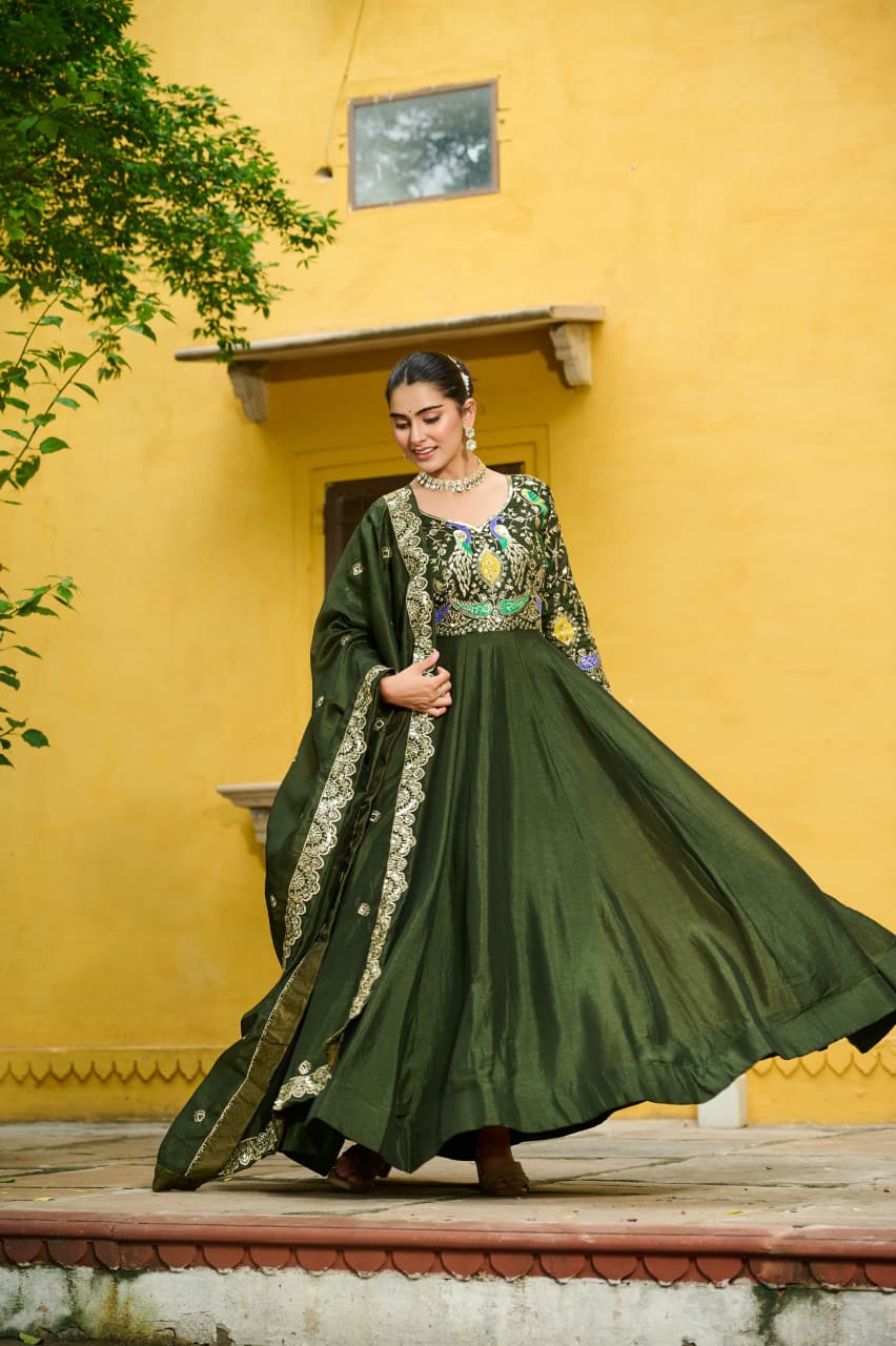 Prazu Fashion Mehendi Vichitra Silk Multi Thread & Embroidered Work Gown With Dupatta