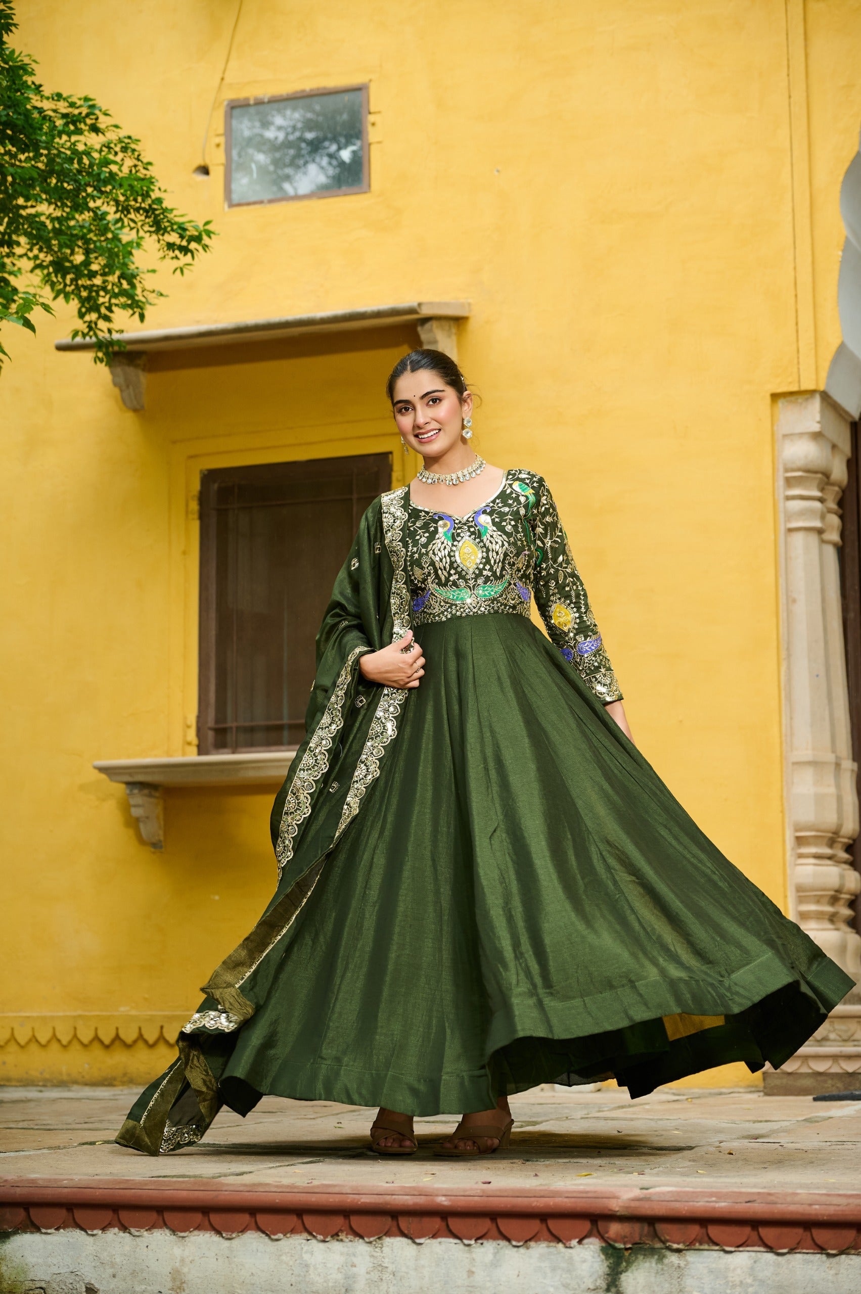 Prazu Fashion Mehendi Vichitra Silk Multi Thread & Embroidered Work Gown With Dupatta