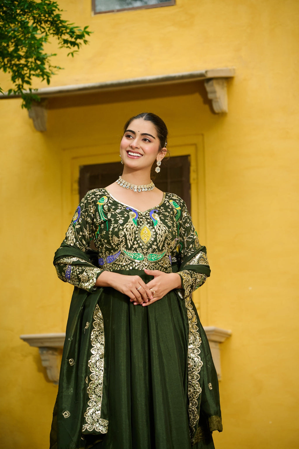 Prazu Fashion Mehendi Vichitra Silk Multi Thread & Embroidered Work Gown With Dupatta