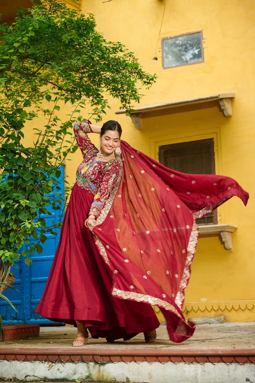 Prazu Fashion Maroon Vichitra Silk Multi Thread & Embroidered Work Gown With Dupatta