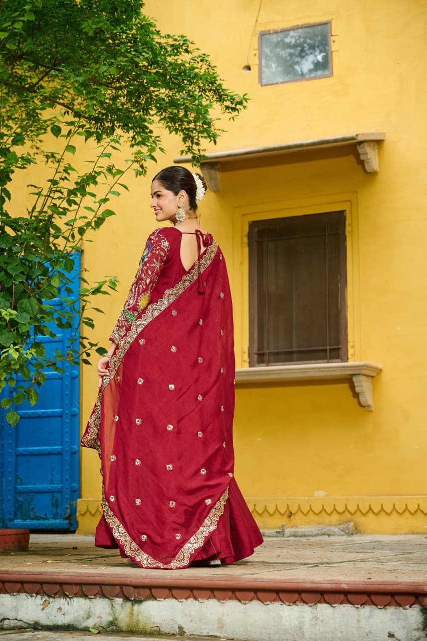Prazu Fashion Maroon Vichitra Silk Multi Thread & Embroidered Work Gown With Dupatta