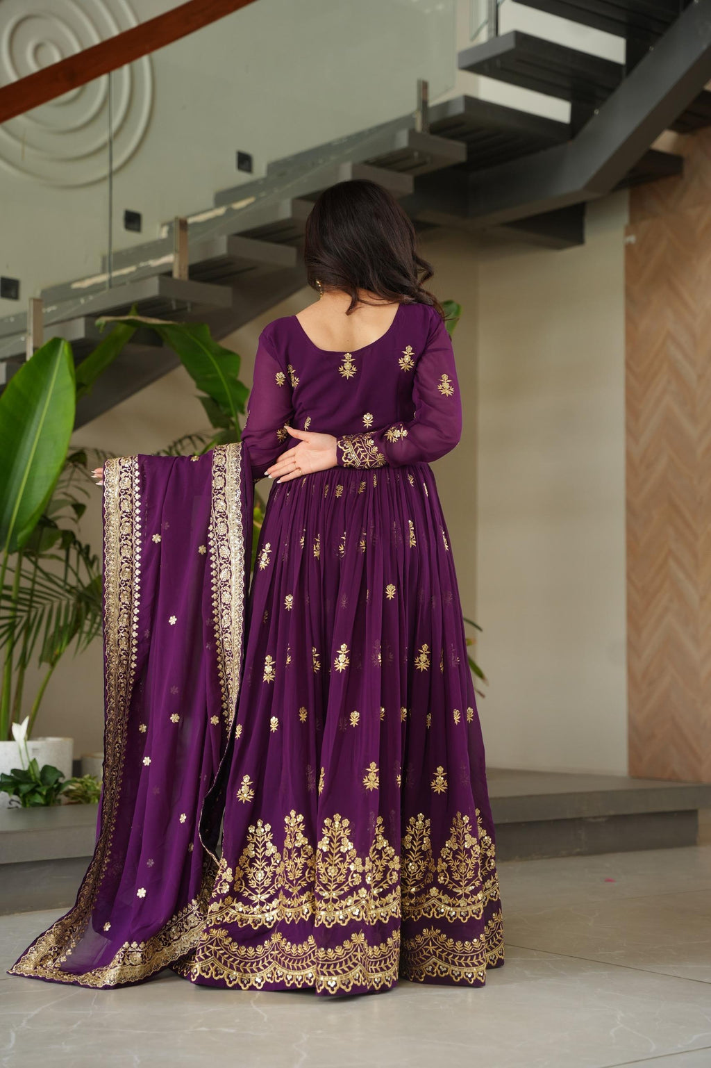 Prazu Fashion Purple Georgette With Rich Zari & Sequins Embroidered Gown With Dupatta.