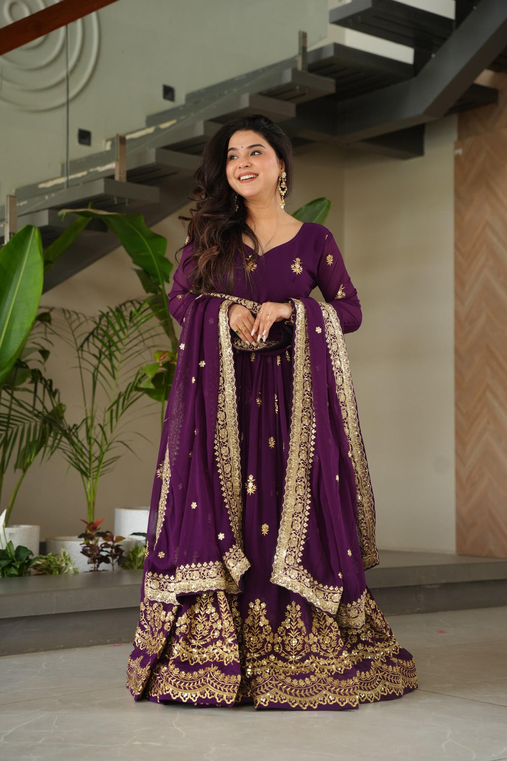 Prazu Fashion Purple Georgette With Rich Zari & Sequins Embroidered Gown With Dupatta.