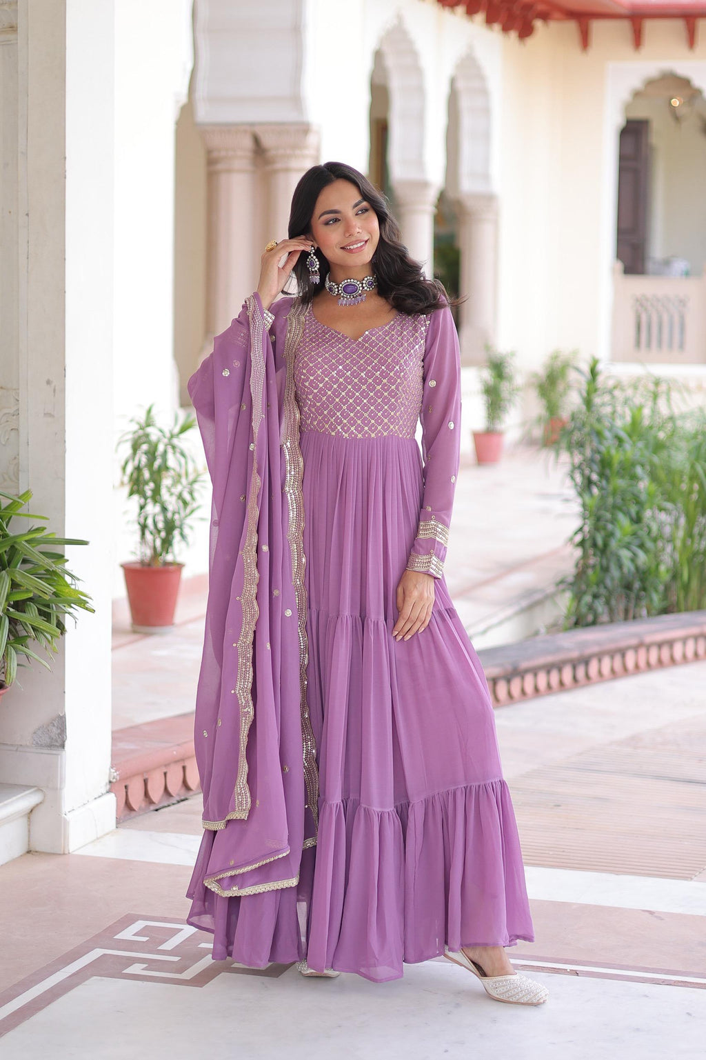 Prazu Fashion Onion Pink Faux Georgette With Sequins & Zari Embroidered Gown With Dupatta