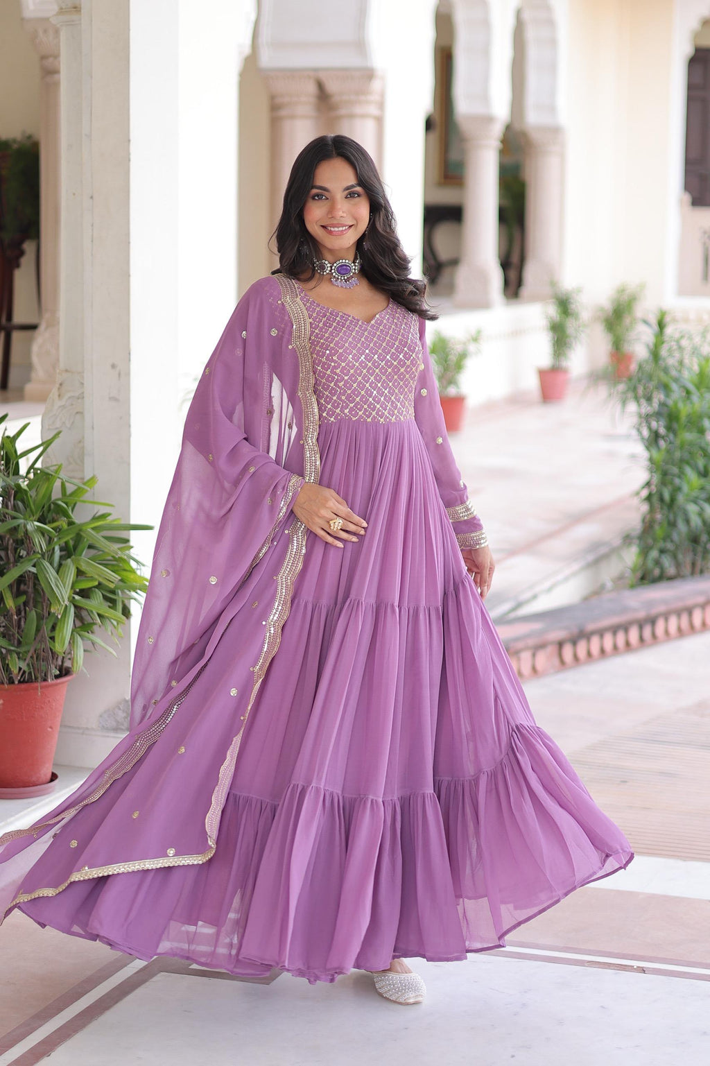 Prazu Fashion Onion Pink Faux Georgette With Sequins & Zari Embroidered Gown With Dupatta